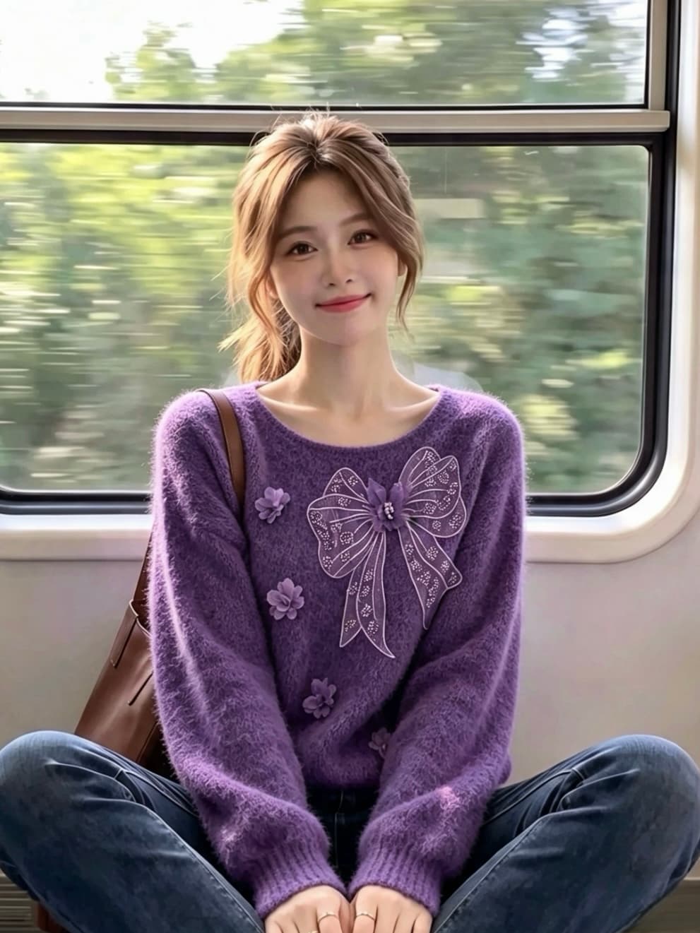 한 부서 무거운 작업 망사 나비 매듭 작은 꽃 스웨터 여자 느긋한 바람 부드러운 찹쌀 루즈핏 풀오버 니트 맨위 상세 이미지 2
