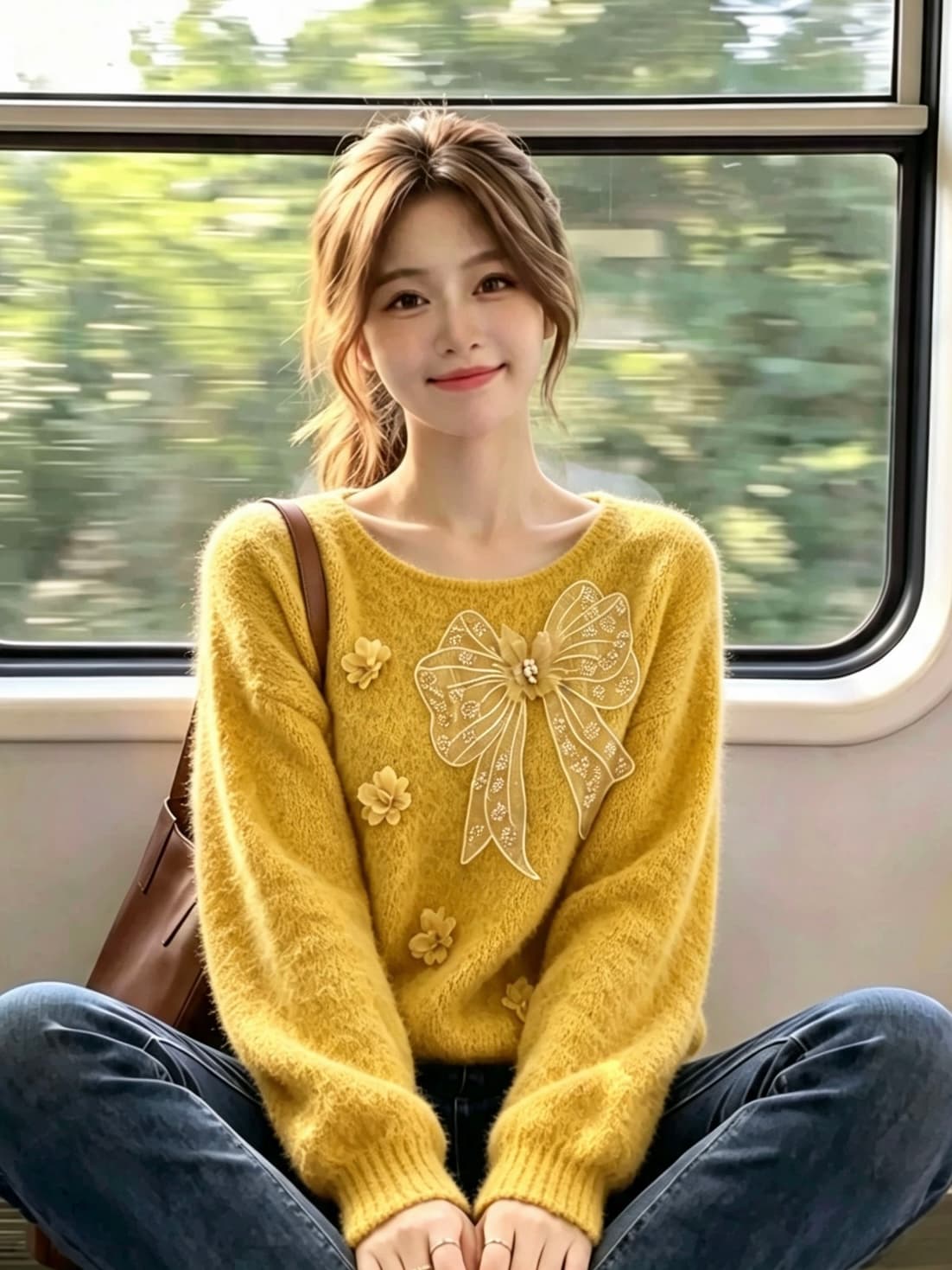 한 부서 무거운 작업 망사 나비 매듭 작은 꽃 스웨터 여자 느긋한 바람 부드러운 찹쌀 루즈핏 풀오버 니트 맨위 상세 이미지 3
