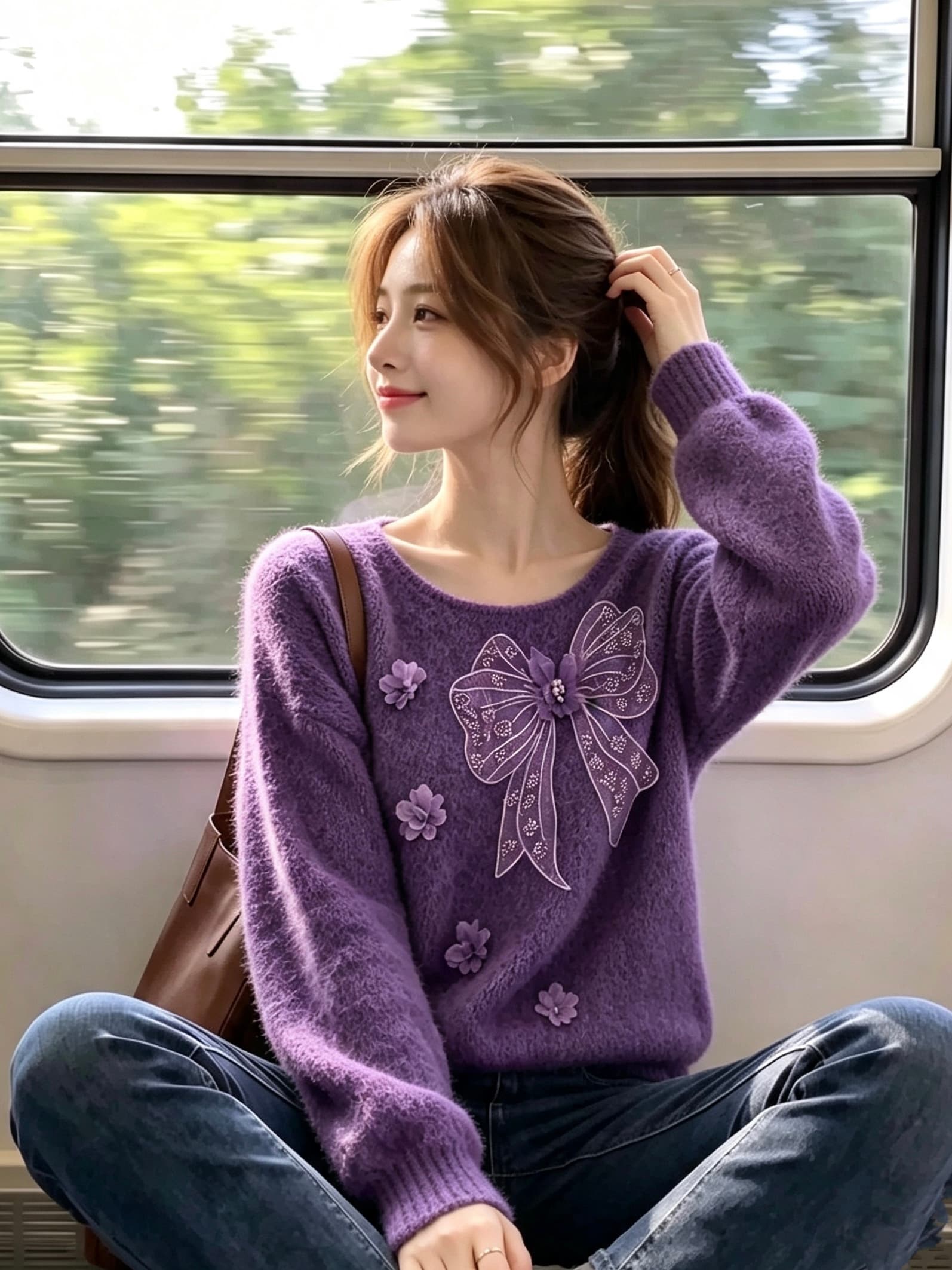 한 부서 무거운 작업 망사 나비 매듭 작은 꽃 스웨터 여자 느긋한 바람 부드러운 찹쌀 루즈핏 풀오버 니트 맨위 상세 이미지 6