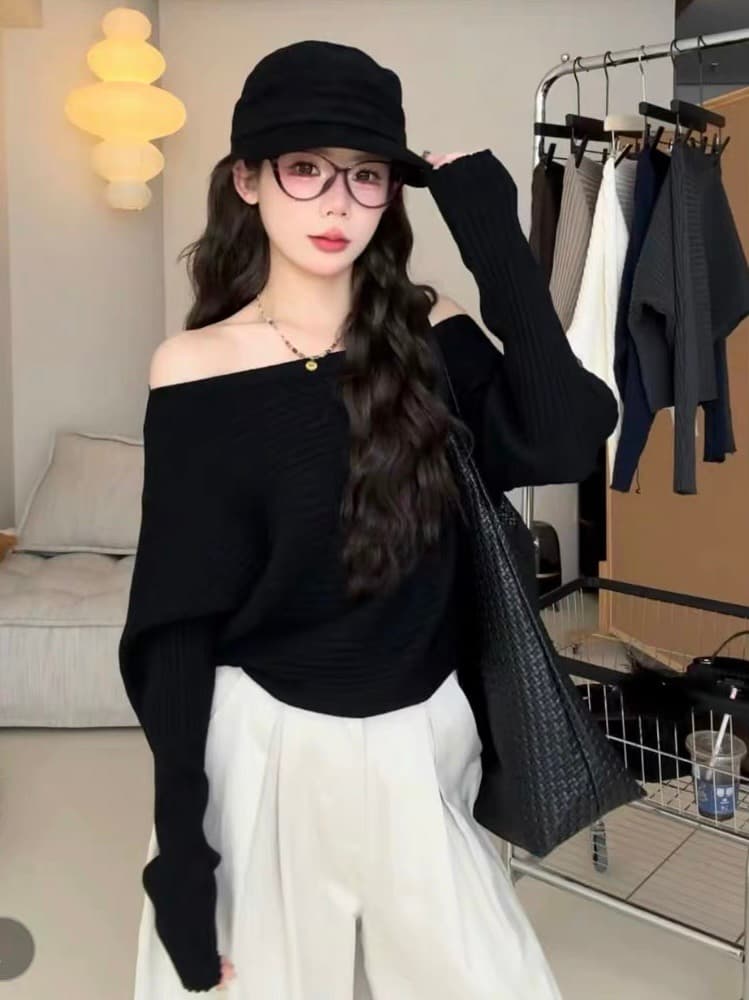 느슨함 센스 스트라이프 비스듬한 어깨 긴팔 니트 스웨터 여성 가을 겨울 새로운 디자인 센스 고유 한 디스플레이 오프숄더 스웨터 맨위 상세 이미지 6