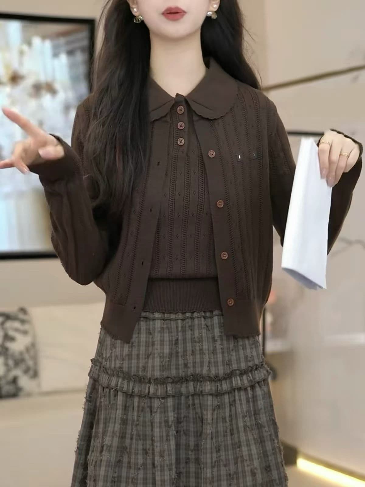 이른 가을 레트로 커피 색상 니트 두 조각 여성 세트 베이비 칼라 홀로우 아웃 조끼 오픈 가디건 부드러운 세트