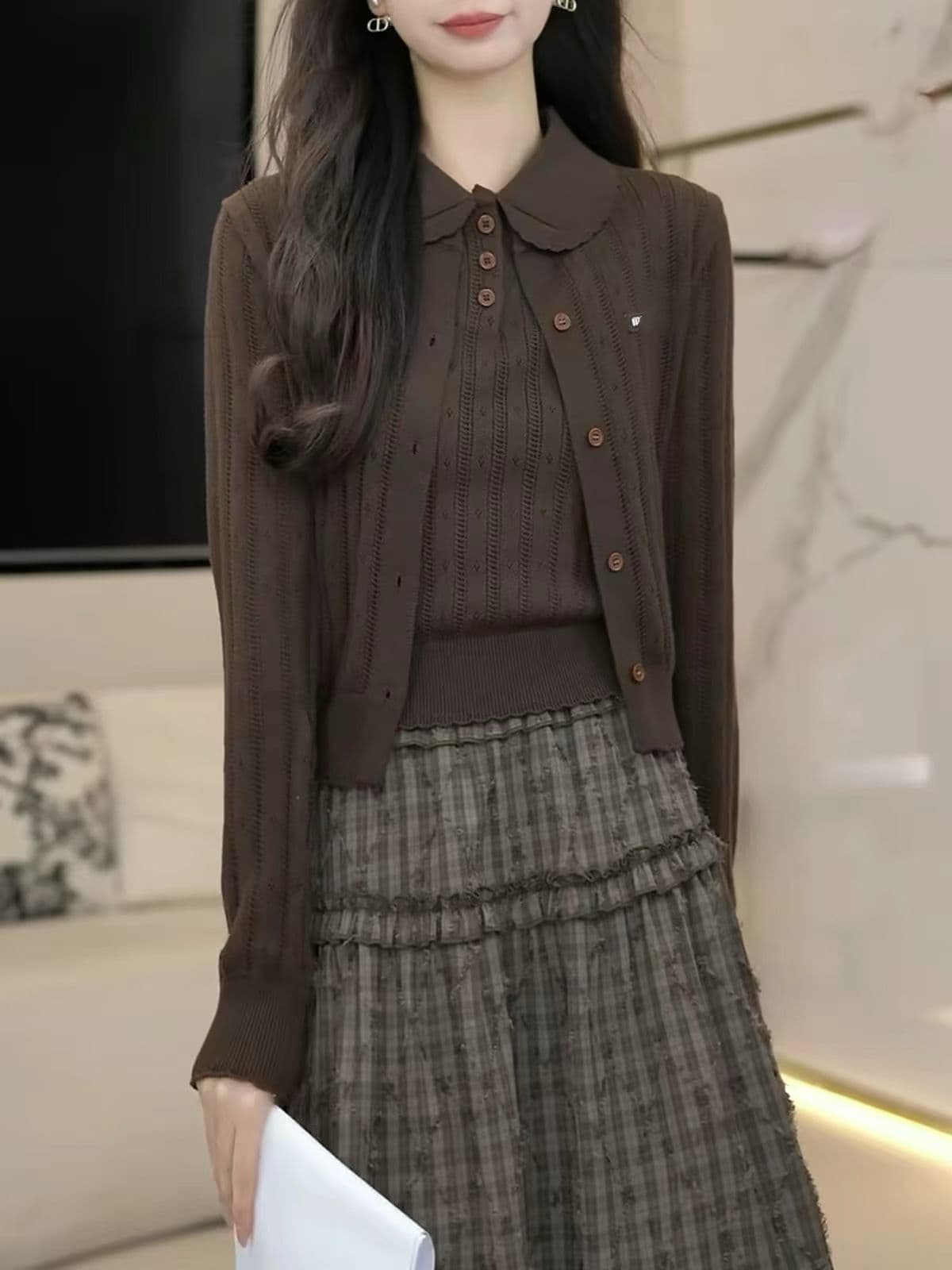 이른 가을 레트로 커피 색상 니트 두 조각 여성 세트 베이비 칼라 홀로우 아웃 조끼 오픈 가디건 부드러운 세트 상세 이미지 1