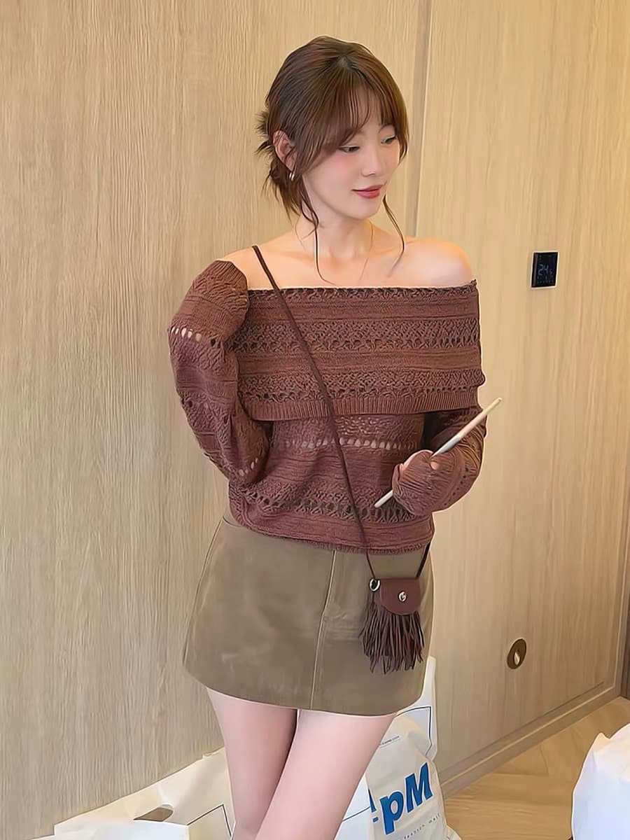 한 부서 레트로 품격 폴로 칼라 오프숄더 자수 홀로우 아웃 긴팔 니트 스웨터 가을 여성 의류 느긋한 루즈핏 스웨터 이미지 2