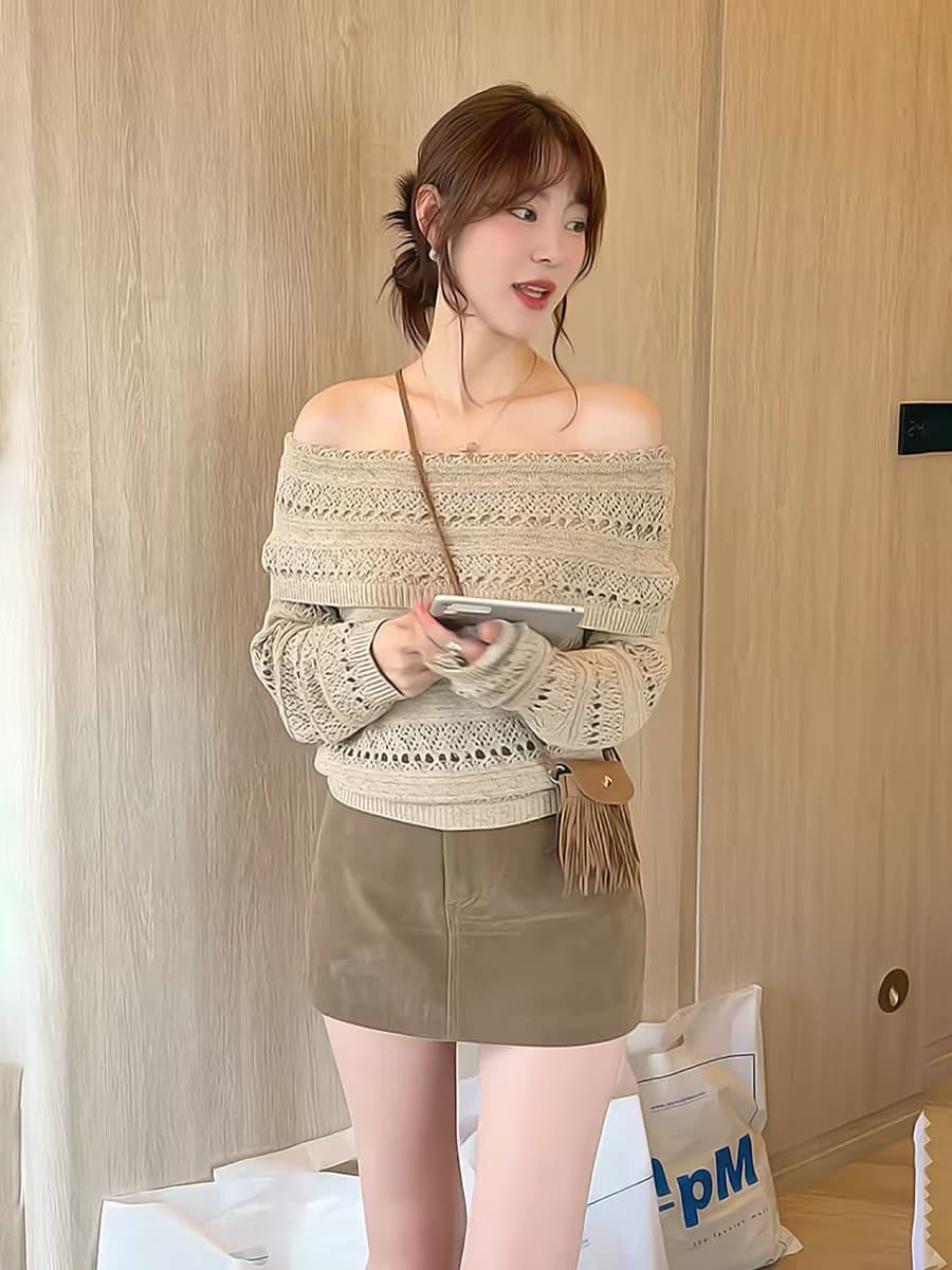 한 부서 레트로 품격 폴로 칼라 오프숄더 자수 홀로우 아웃 긴팔 니트 스웨터 가을 여성 의류 느긋한 루즈핏 스웨터 상세 이미지 6