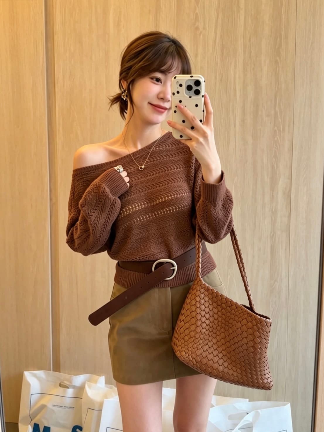 한 부서 레트로 느긋한 바람 비스듬한 칼라 새는 어깨 홀로우 아웃 니트 스웨터 여성 가을 배트윙 소매 벨트 허리 수축 얇은 스타일 스웨터 상세 이미지 3