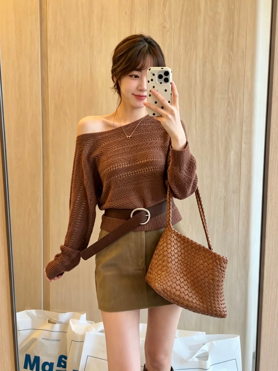 한 부서 레트로 느긋한 바람 비스듬한 칼라 새는 어깨 홀로우 아웃 니트 스웨터 여성 가을 배트윙 소매 벨트 허리 수축 얇은 스타일 스웨터 상세 이미지 4
