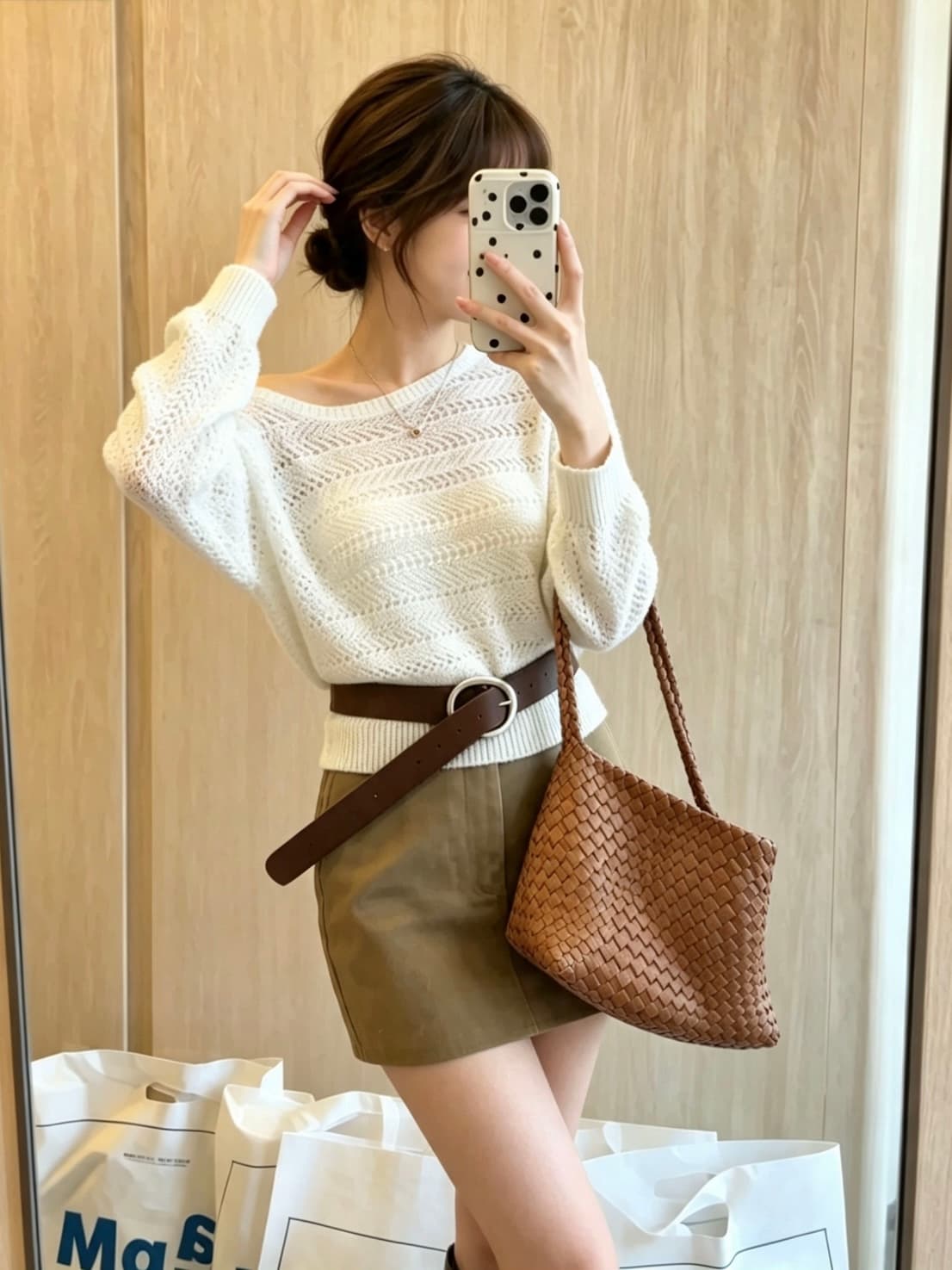 한 부서 레트로 느긋한 바람 비스듬한 칼라 새는 어깨 홀로우 아웃 니트 스웨터 여성 가을 배트윙 소매 벨트 허리 수축 얇은 스타일 스웨터 상세 이미지 5