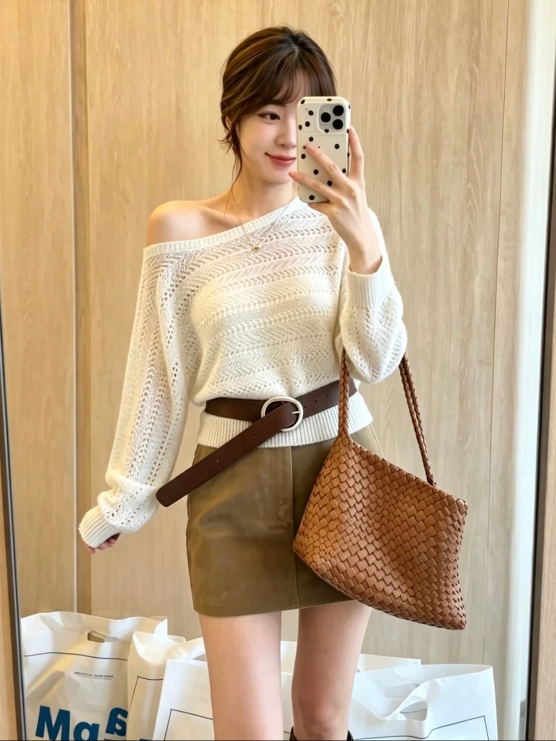 한 부서 레트로 느긋한 바람 비스듬한 칼라 새는 어깨 홀로우 아웃 니트 스웨터 여성 가을 배트윙 소매 벨트 허리 수축 얇은 스타일 스웨터 상세 이미지 6
