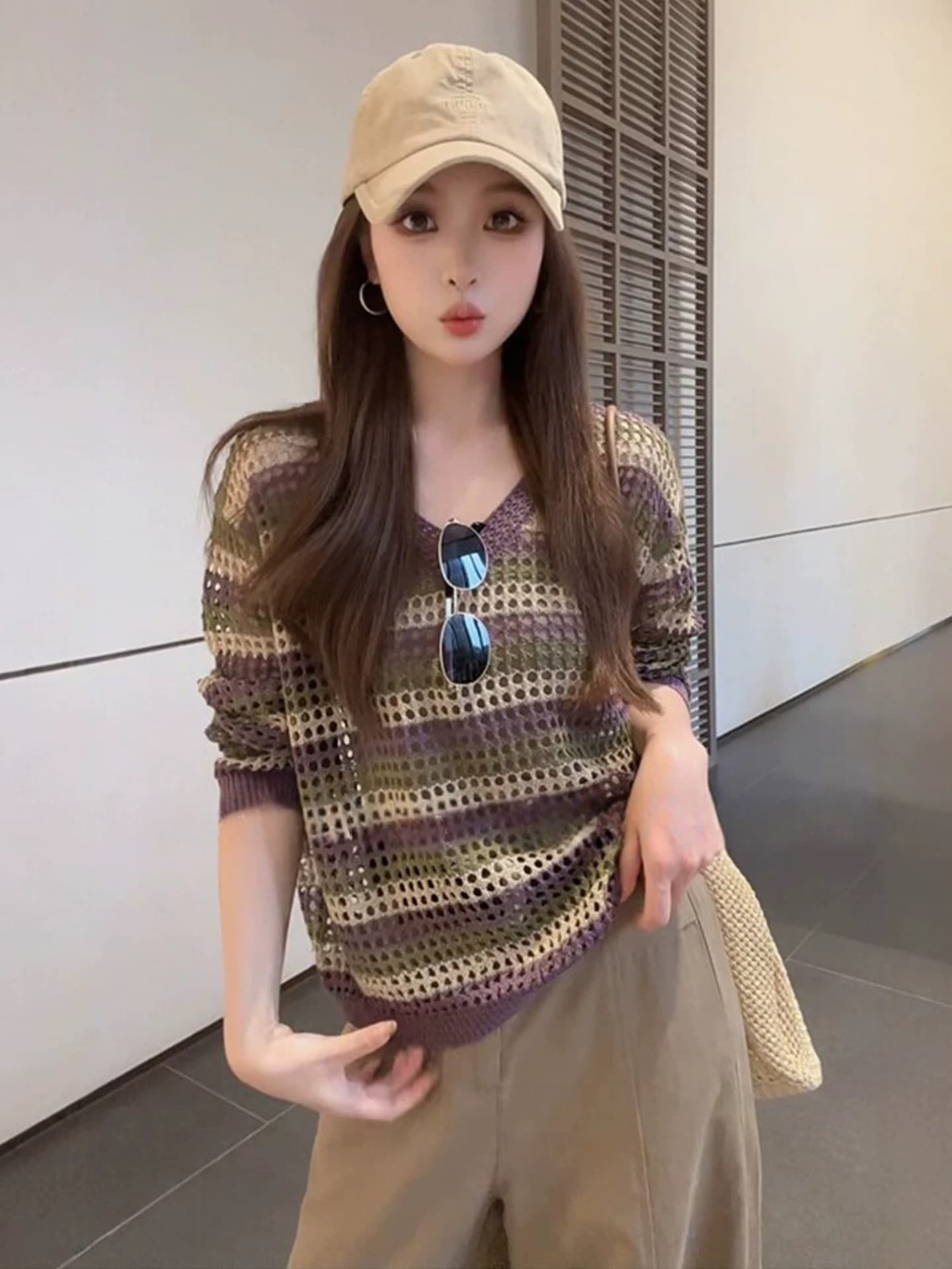한 부서 chic 슈퍼 잘 생긴 긴팔 홀로우 아웃 니트 스웨터 여성 이른 가을 슬림해 보이는 루즈핏 외국 가스 아름다운 Chic 작은 맨위 이미지 4