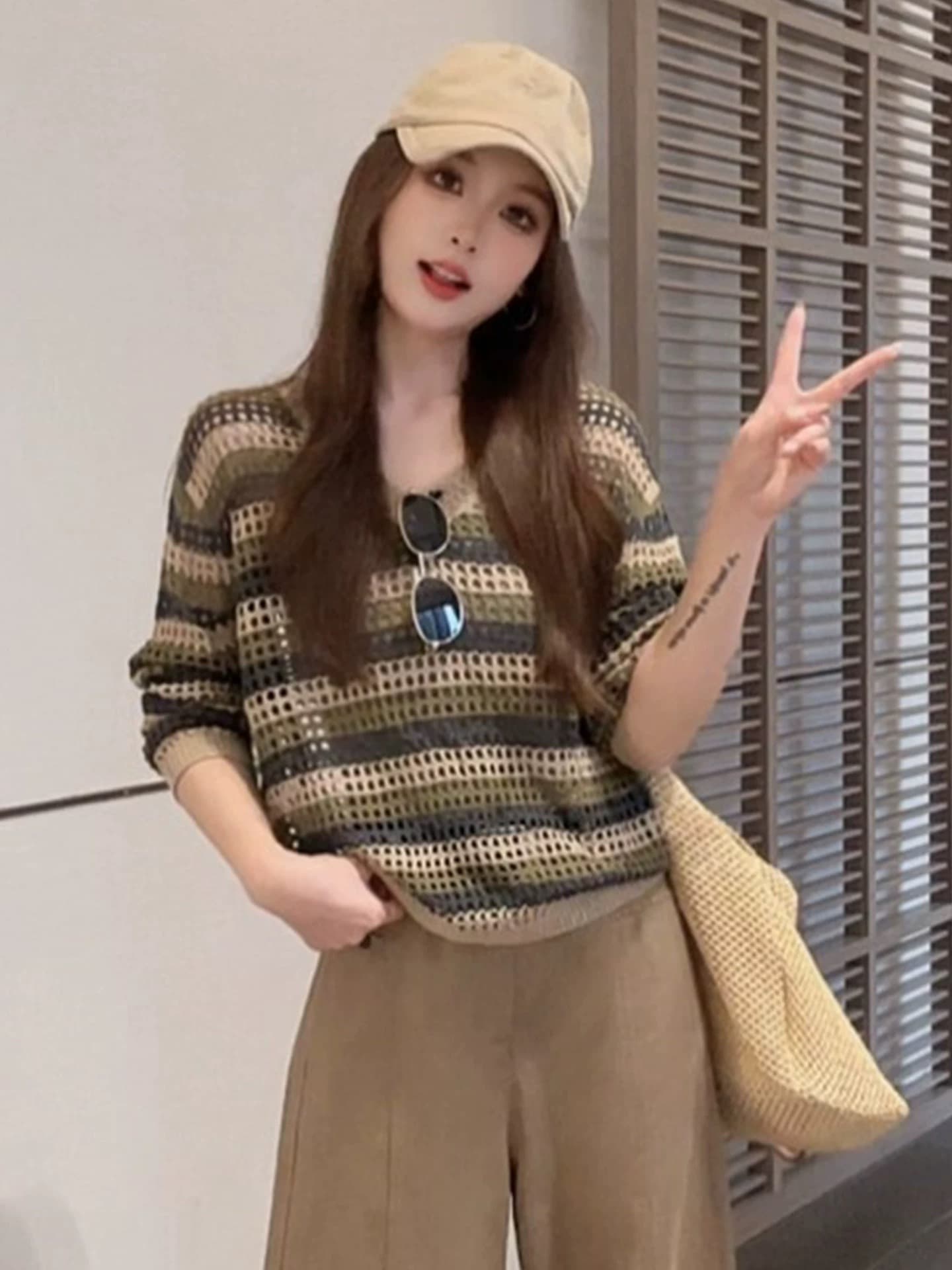 한 부서 chic 슈퍼 잘 생긴 긴팔 홀로우 아웃 니트 스웨터 여성 이른 가을 슬림해 보이는 루즈핏 외국 가스 아름다운 Chic 작은 맨위 이미지 5