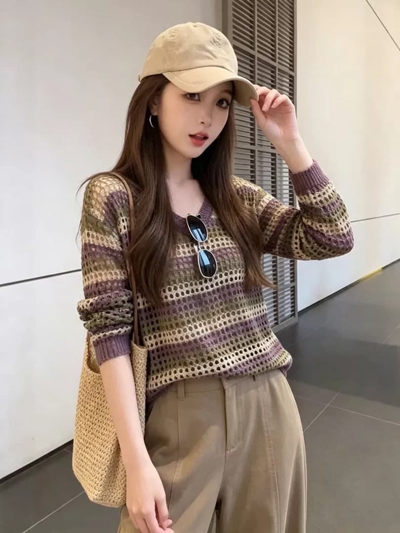 한 부서 chic 슈퍼 잘 생긴 긴팔 홀로우 아웃 니트 스웨터 여성 이른 가을 슬림해 보이는 루즈핏 외국 가스 아름다운 Chic 작은 맨위 상세 이미지 5