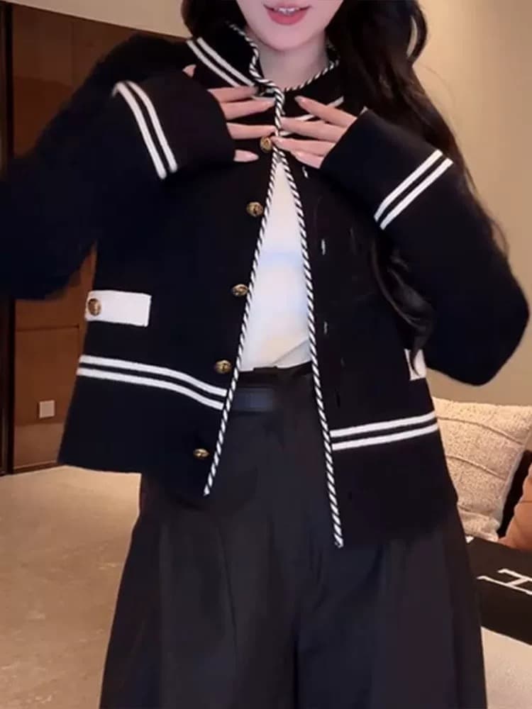 빛 럭셔리 작은 샤넬 스타일 배색 니트 맨위 외부 셔츠 여성 가을 프랑스식 엠보싱 골드 버클 절묘한 패션 작은 셔츠 트렌드 상세 이미지 6