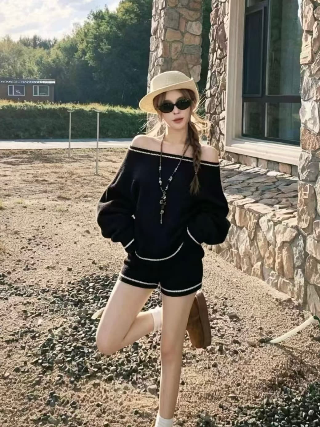 레트로 부드러운 바람 자이언트 잘 생긴 ~ 중 비스듬한 어깨 의류 반바지 투피스 슈트 품격 전체 집합 착용 가져 가라. 이미지 3