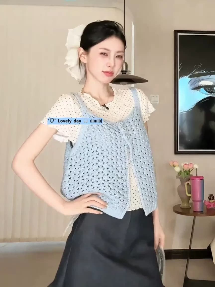 한 부서 달콤한 스타일 니트 홀로우 아웃 파란색 캐미솔 이른 가을 새로운 품격 루즈핏 슬림해 보이는 연령 감소 맨위 상세 이미지 1