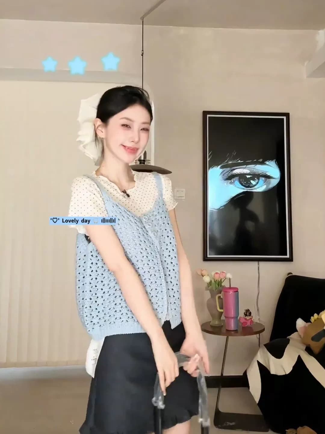 한 부서 달콤한 스타일 니트 홀로우 아웃 파란색 캐미솔 이른 가을 새로운 품격 루즈핏 슬림해 보이는 연령 감소 맨위 상세 이미지 3