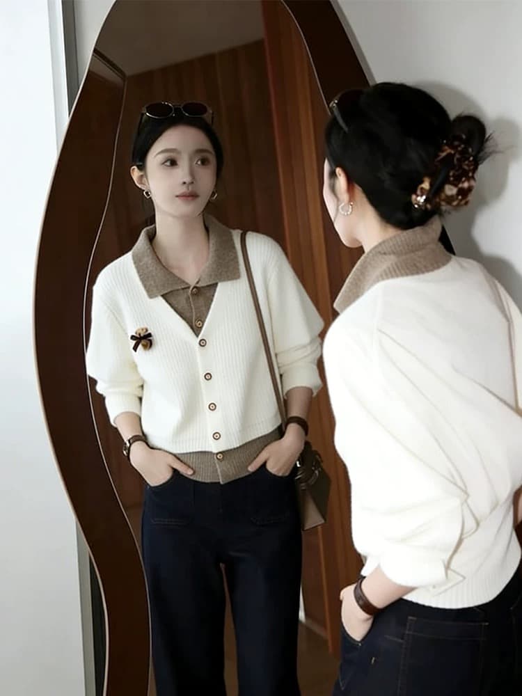 패션 페이크 레이어드 배색 POLO 칼라 니트 오픈 가디건 여성 가을 겨울 새로운 루즈핏 슬림해 보이는 빨간색 스웨터 맨위 서비스 이미지 3