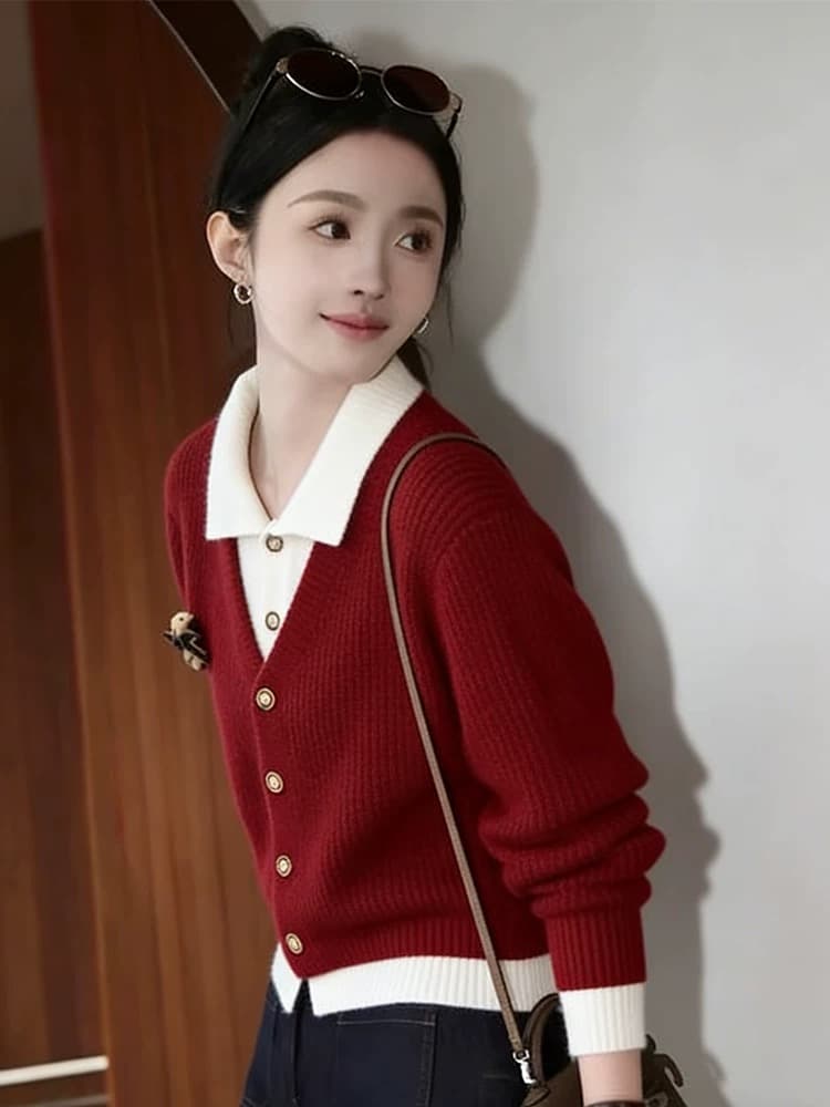 패션 페이크 레이어드 배색 POLO 칼라 니트 오픈 가디건 여성 가을 겨울 새로운 루즈핏 슬림해 보이는 빨간색 스웨터 맨위 서비스 상세 이미지 2