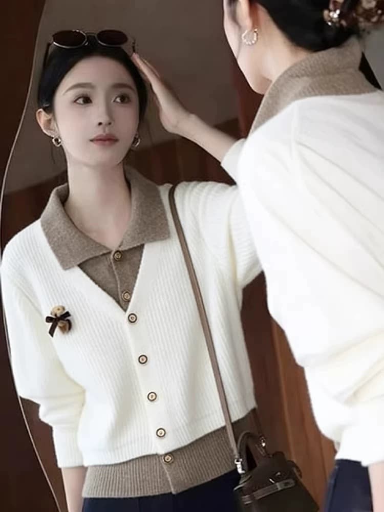 패션 페이크 레이어드 배색 POLO 칼라 니트 오픈 가디건 여성 가을 겨울 새로운 루즈핏 슬림해 보이는 빨간색 스웨터 맨위 서비스 상세 이미지 5