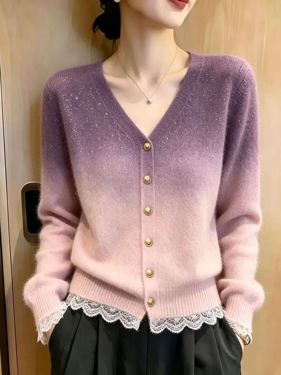핑크색 V넥 절묘한 아름다운 니트 오픈 가디건 2026 가을 겨울 새로운 고급 우아함 맨위 이미지 4