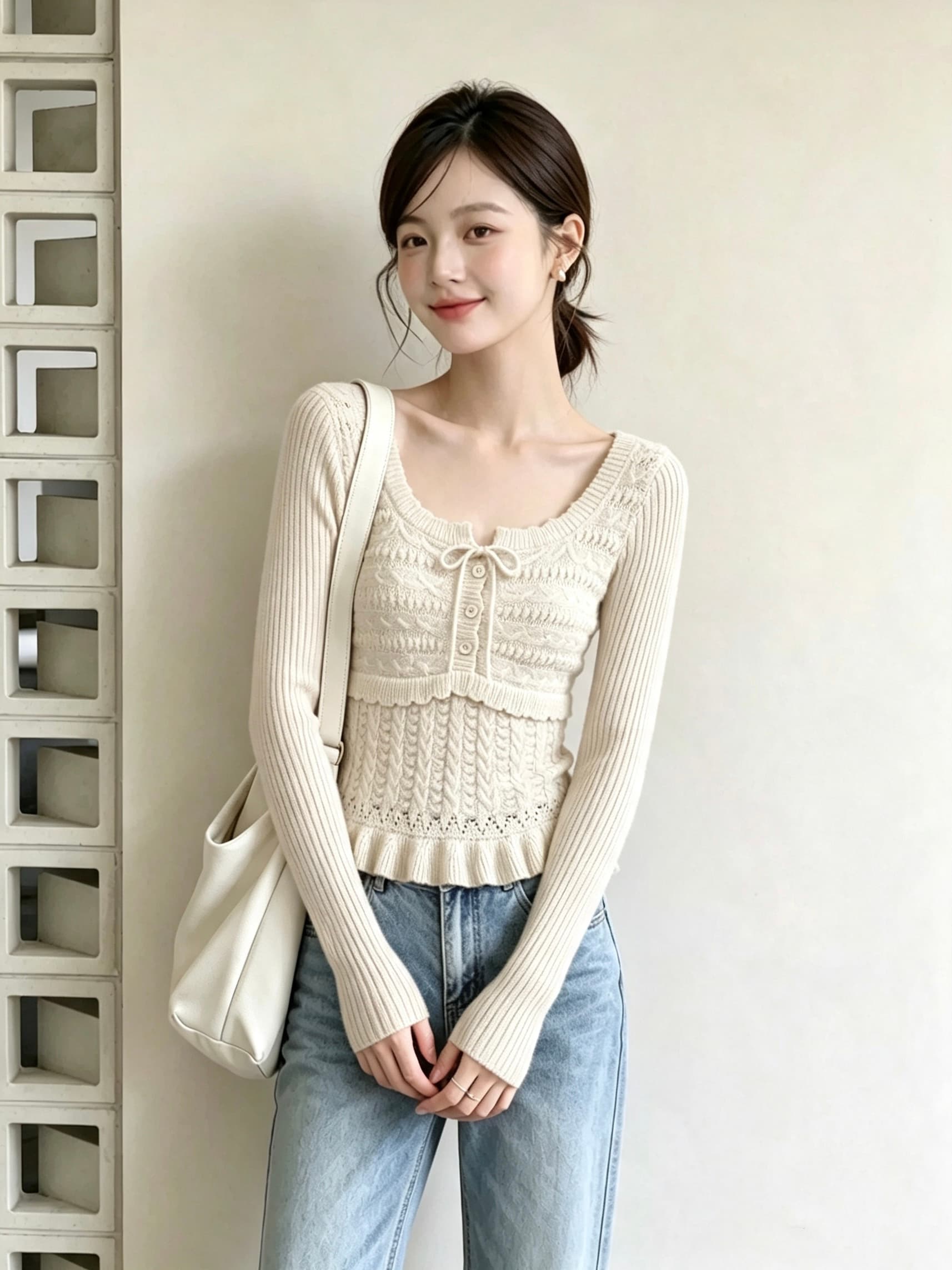 가을 새로운 부드러운 바람 광장 칼라 자수 니트 스웨터 여성 레이스업 허리 수축 슬림해 보이는 프릴 스웨터 맨위 상세 이미지 1