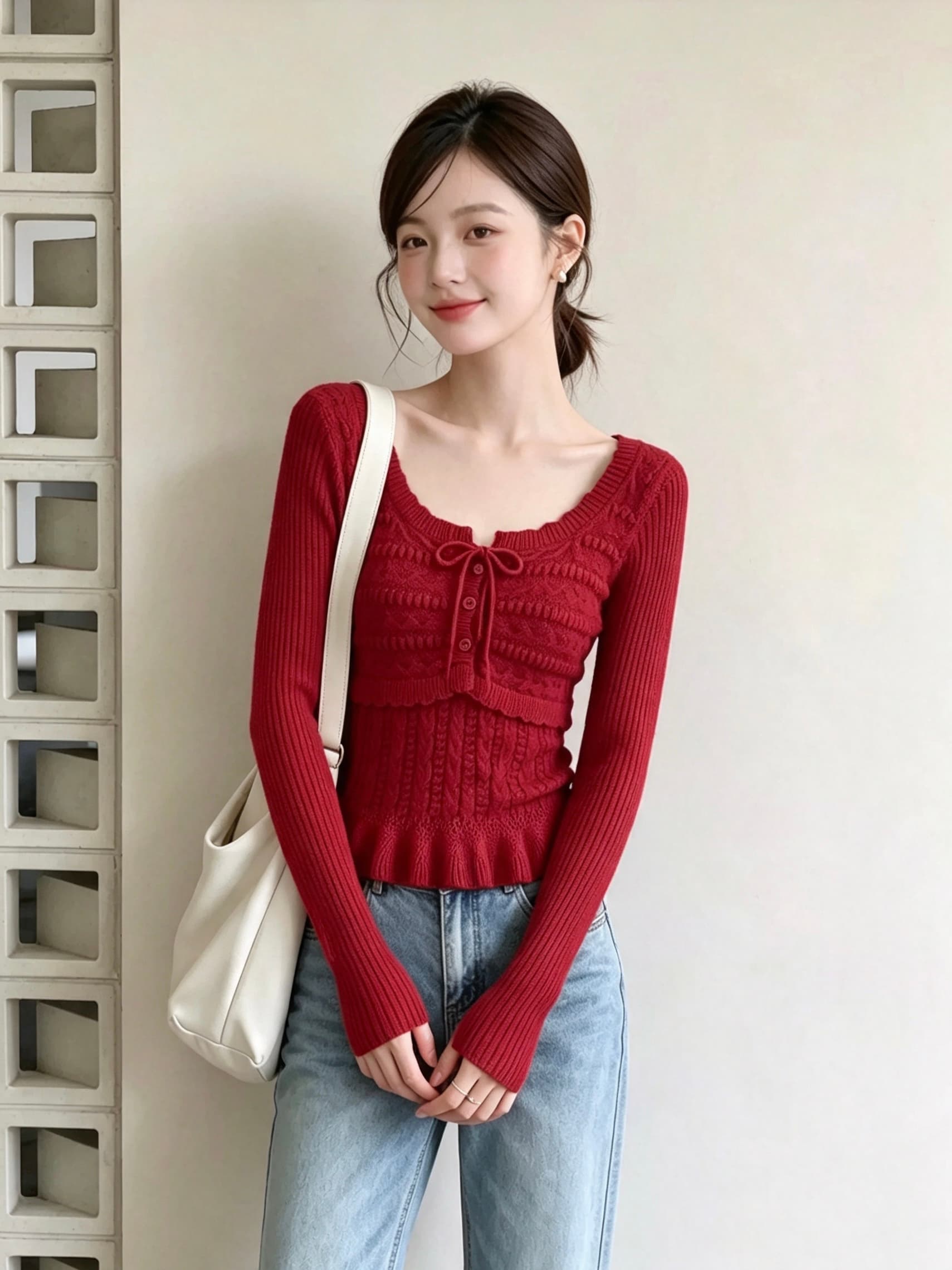 가을 새로운 부드러운 바람 광장 칼라 자수 니트 스웨터 여성 레이스업 허리 수축 슬림해 보이는 프릴 스웨터 맨위 상세 이미지 2