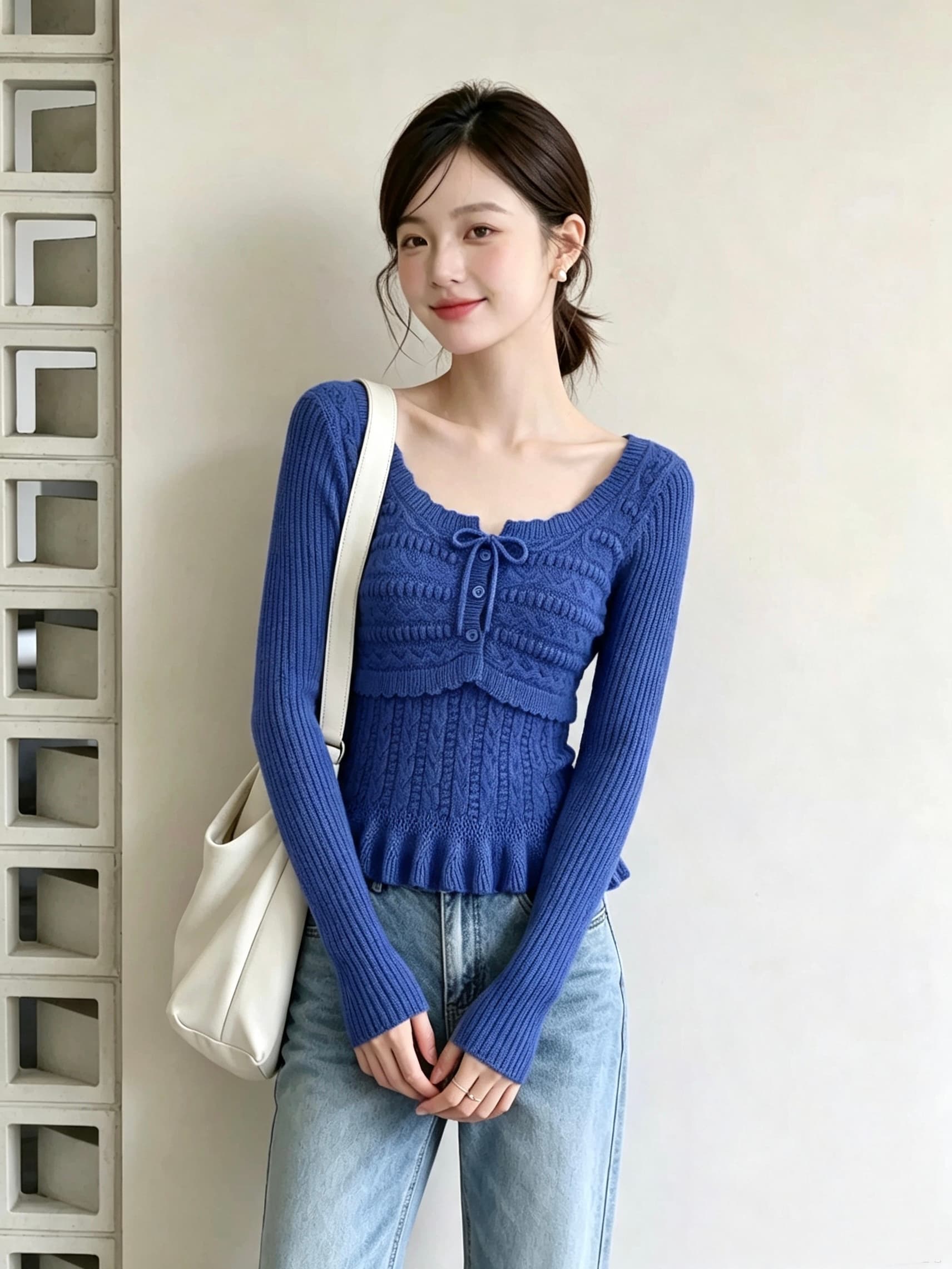 가을 새로운 부드러운 바람 광장 칼라 자수 니트 스웨터 여성 레이스업 허리 수축 슬림해 보이는 프릴 스웨터 맨위 상세 이미지 3