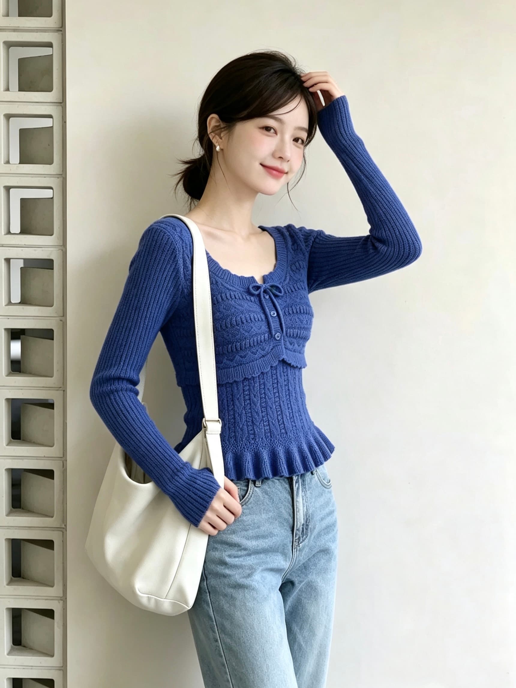 가을 새로운 부드러운 바람 광장 칼라 자수 니트 스웨터 여성 레이스업 허리 수축 슬림해 보이는 프릴 스웨터 맨위 상세 이미지 5
