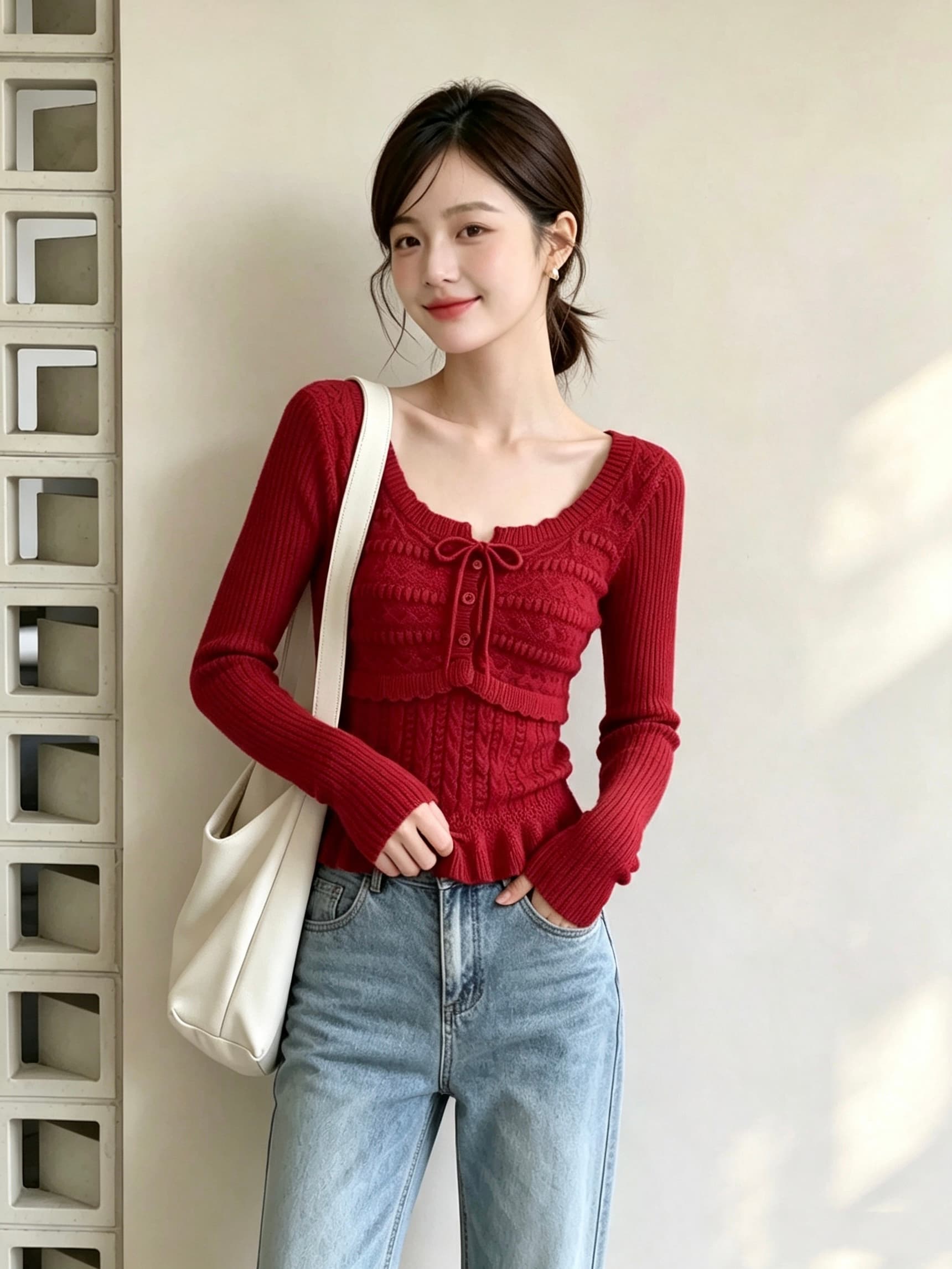 가을 새로운 부드러운 바람 광장 칼라 자수 니트 스웨터 여성 레이스업 허리 수축 슬림해 보이는 프릴 스웨터 맨위 상세 이미지 7