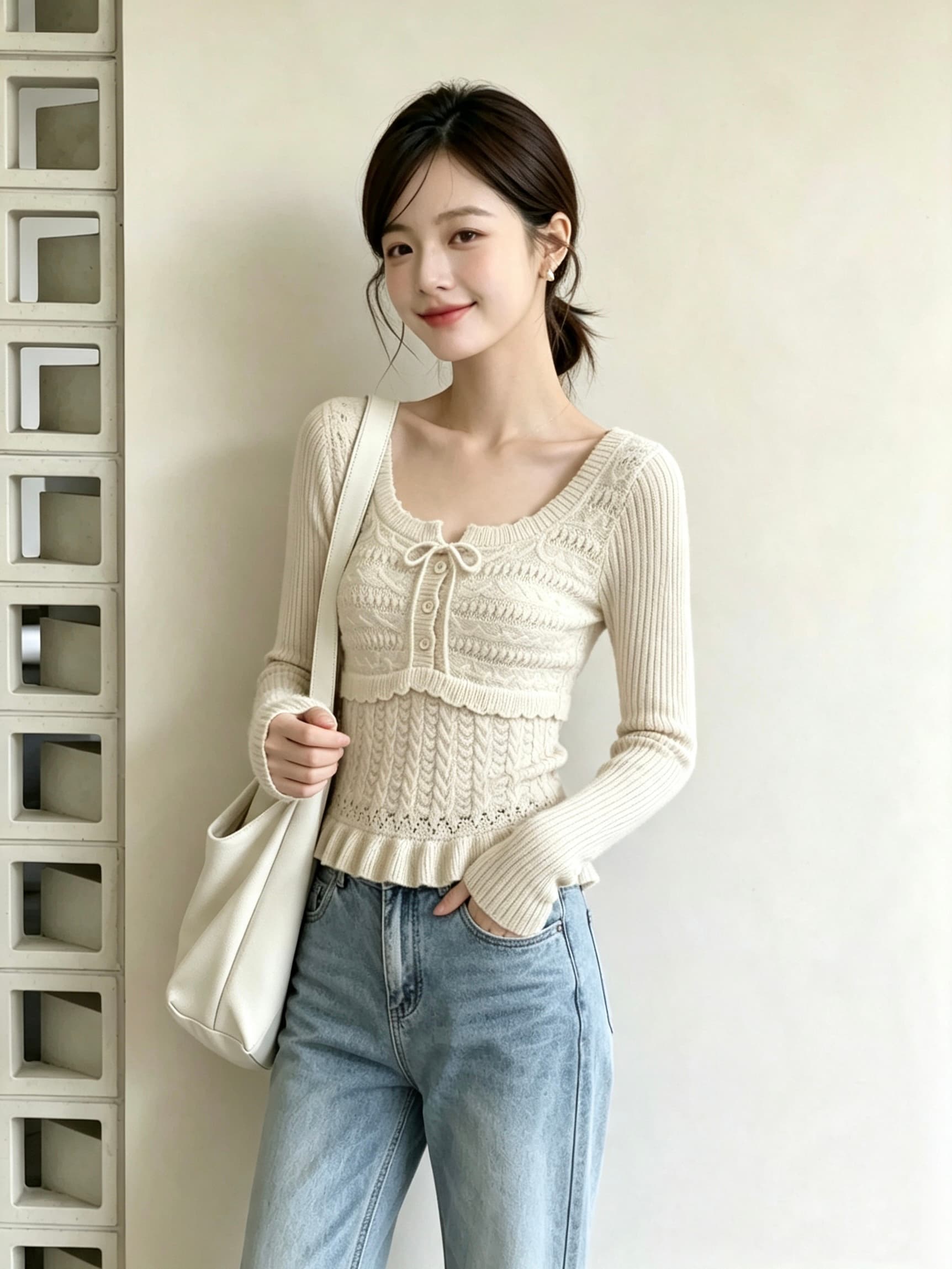 가을 새로운 부드러운 바람 광장 칼라 자수 니트 스웨터 여성 레이스업 허리 수축 슬림해 보이는 프릴 스웨터 맨위 상세 이미지 8