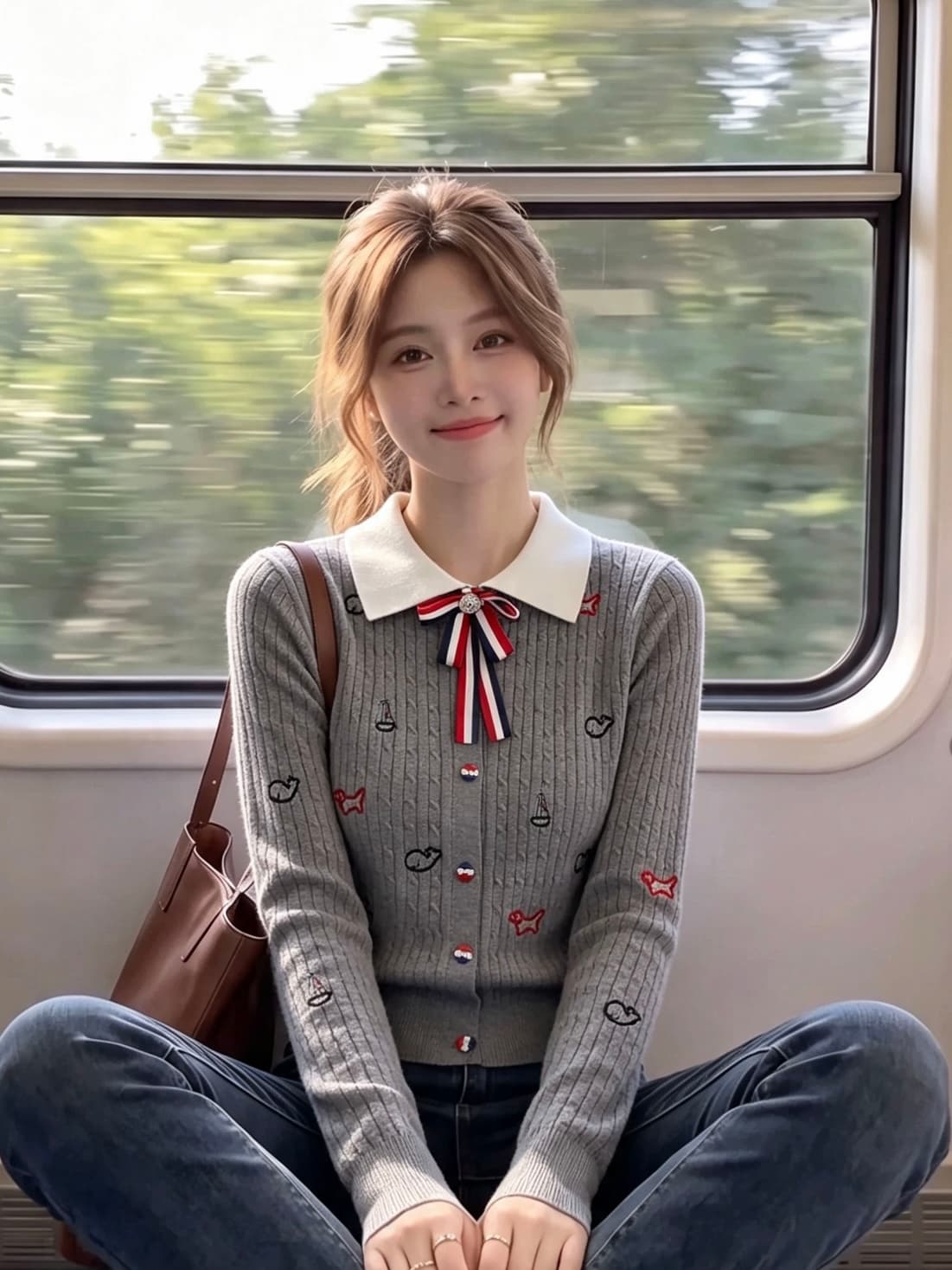 디자인 센스 학원 스타일 나비 매듭 핀 폴로 칼라 만화 자수 꽈배기 니트 풀오버 재킷 이미지 3