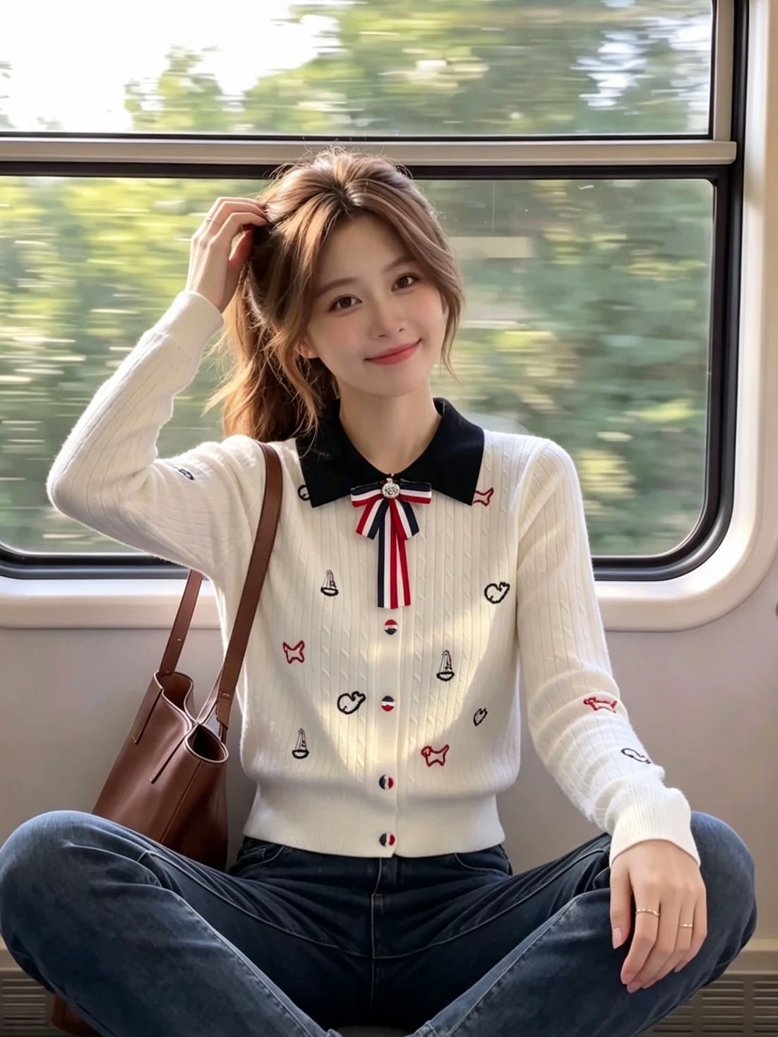 디자인 센스 학원 스타일 나비 매듭 핀 폴로 칼라 만화 자수 꽈배기 니트 풀오버 재킷 상세 이미지 2