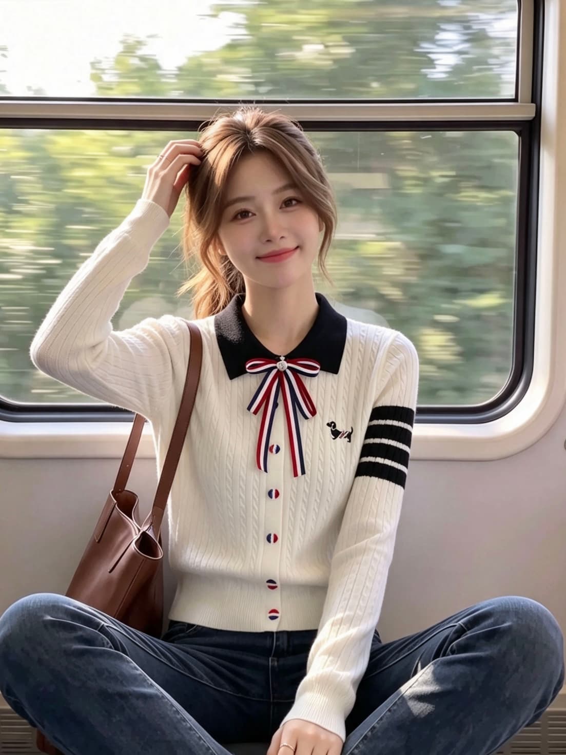 네 도로 바 나비 매듭 브로치 강아지 자수 POLO 칼라 꽈배기 니트 풀오버 긴팔 재킷 이미지 4