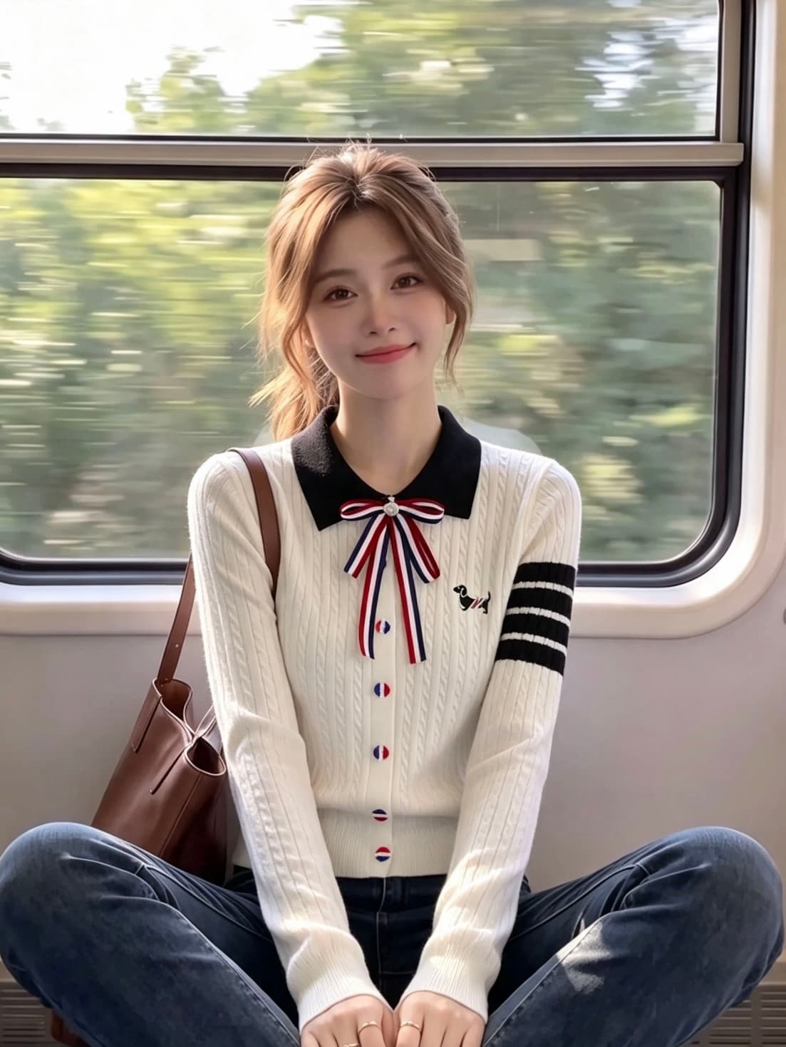 네 도로 바 나비 매듭 브로치 강아지 자수 POLO 칼라 꽈배기 니트 풀오버 긴팔 재킷 상세 이미지 2