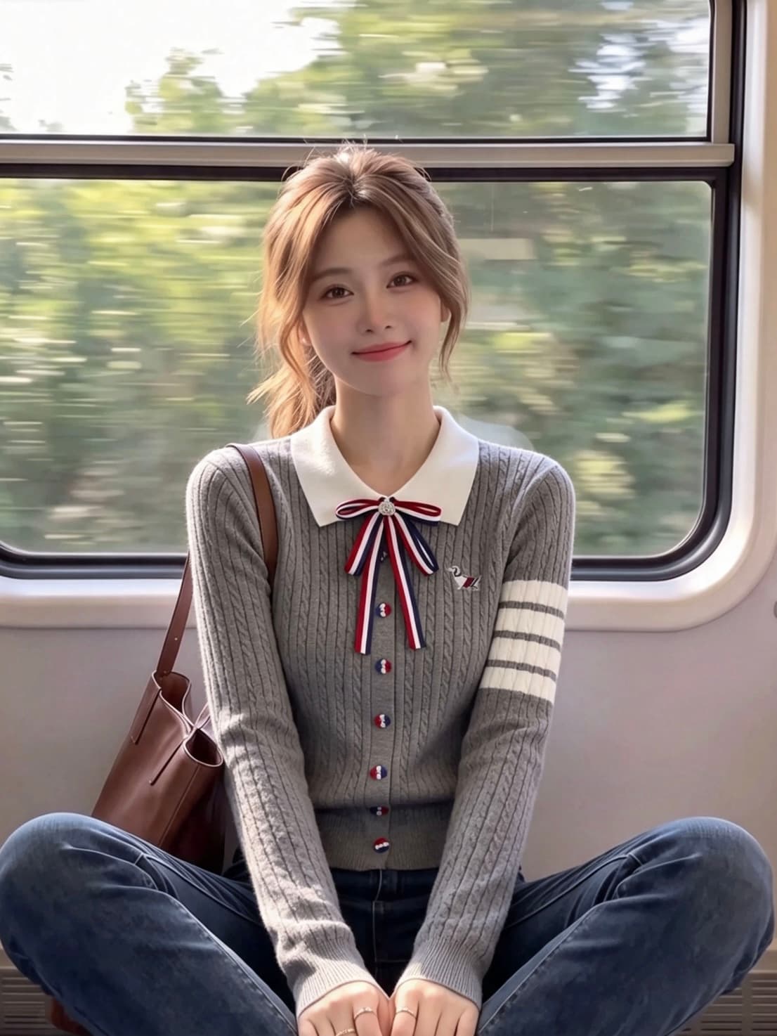 네 도로 바 나비 매듭 브로치 강아지 자수 POLO 칼라 꽈배기 니트 풀오버 긴팔 재킷 상세 이미지 4
