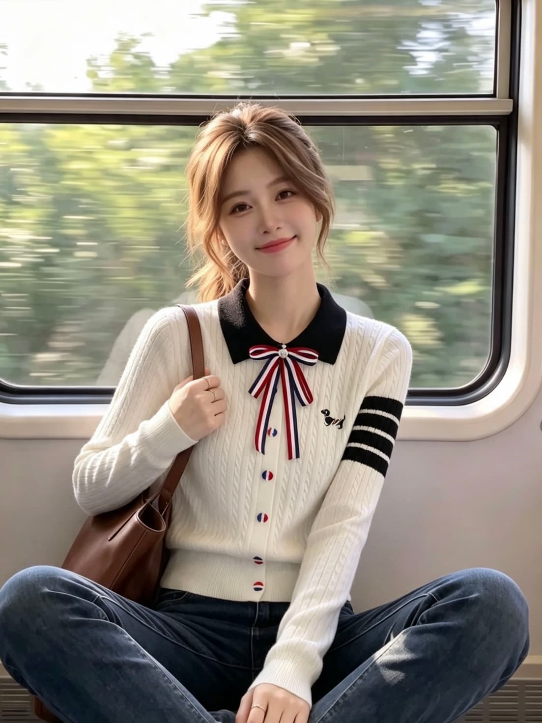 네 도로 바 나비 매듭 브로치 강아지 자수 POLO 칼라 꽈배기 니트 풀오버 긴팔 재킷 상세 이미지 6