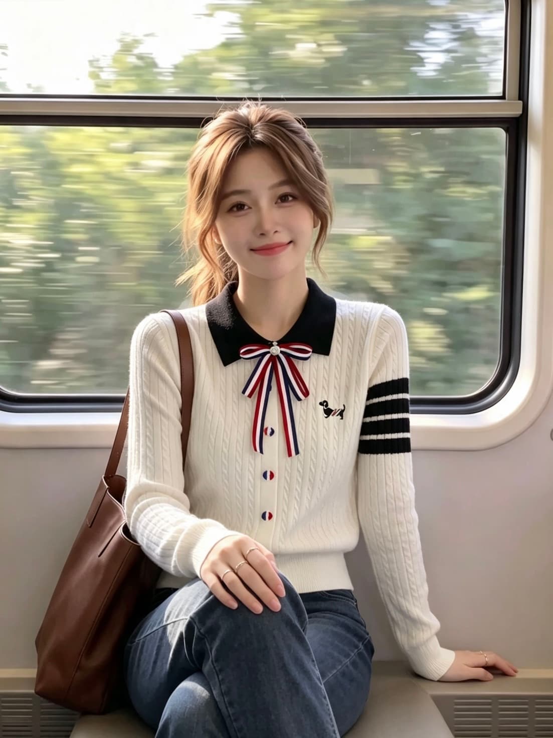 네 도로 바 나비 매듭 브로치 강아지 자수 POLO 칼라 꽈배기 니트 풀오버 긴팔 재킷 상세 이미지 7