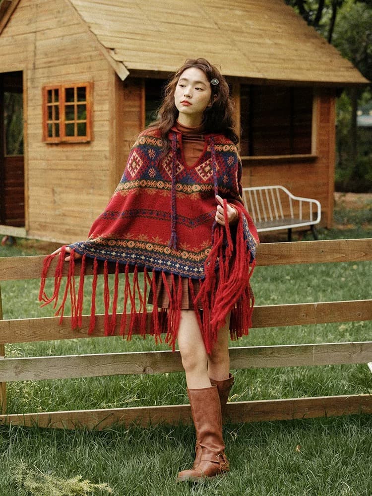 가을 겨울 휴가 티벳 운남 레트로 빨간색 크리스마스 술 후드 망토 보온 자외선 차단 숄 외부 가져 가라. 스웨터 이미지 5