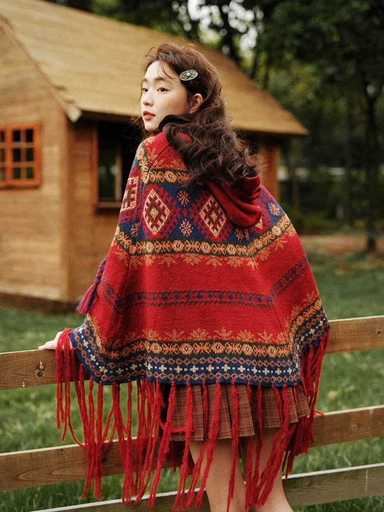 가을 겨울 휴가 티벳 운남 레트로 빨간색 크리스마스 술 후드 망토 보온 자외선 차단 숄 외부 가져 가라. 스웨터 상세 이미지 5