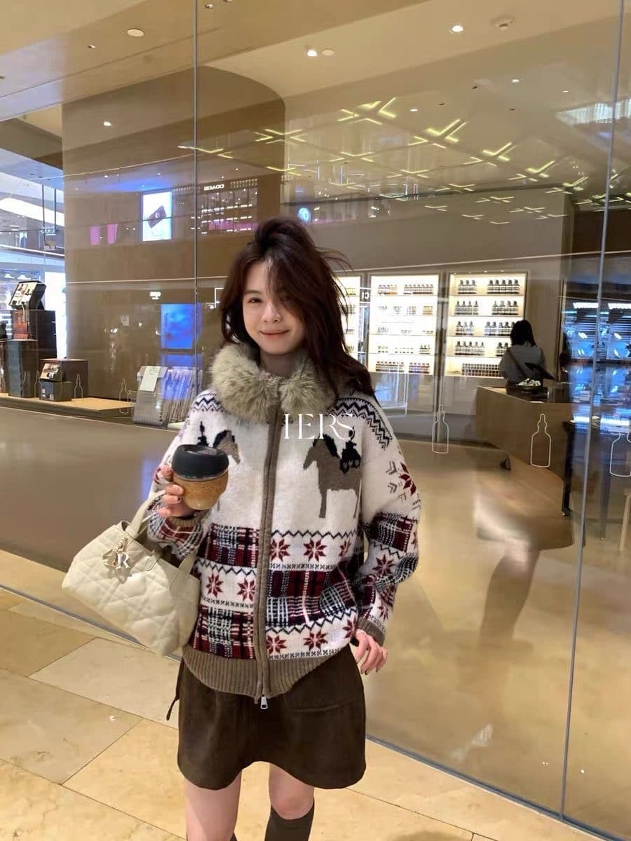 레트로 필리핀 서울 섬 자카드 패치워크 모피 칼라 배색 작은 말 패턴 루즈핏 스웨터 카디건 코트 이미지 2