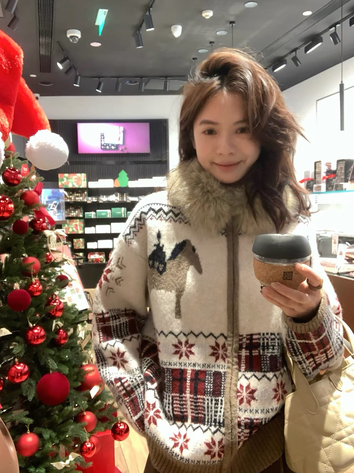 레트로 필리핀 서울 섬 자카드 패치워크 모피 칼라 배색 작은 말 패턴 루즈핏 스웨터 카디건 코트 상세 이미지 1