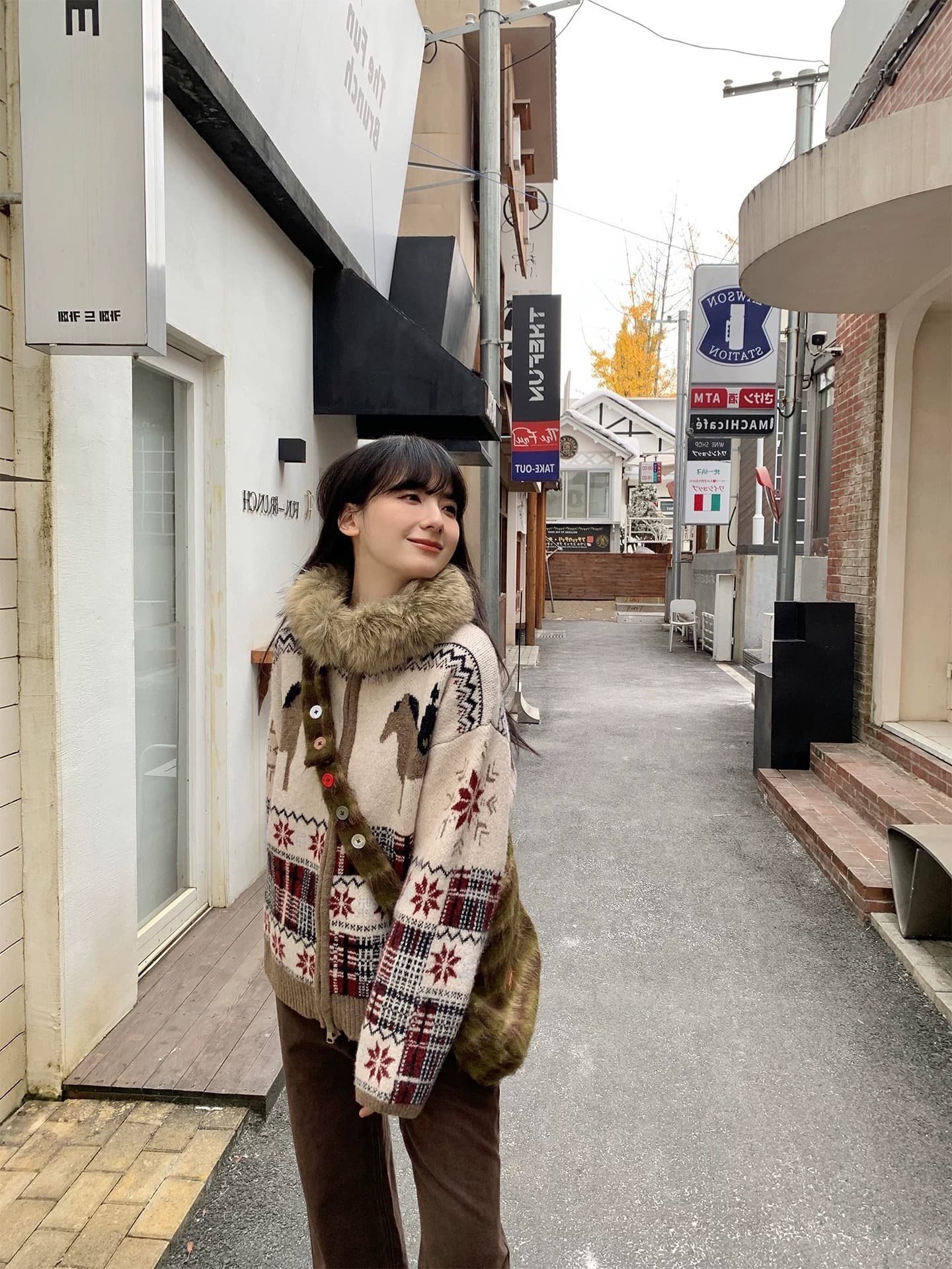 레트로 필리핀 서울 섬 자카드 패치워크 모피 칼라 배색 작은 말 패턴 루즈핏 스웨터 카디건 코트 상세 이미지 5