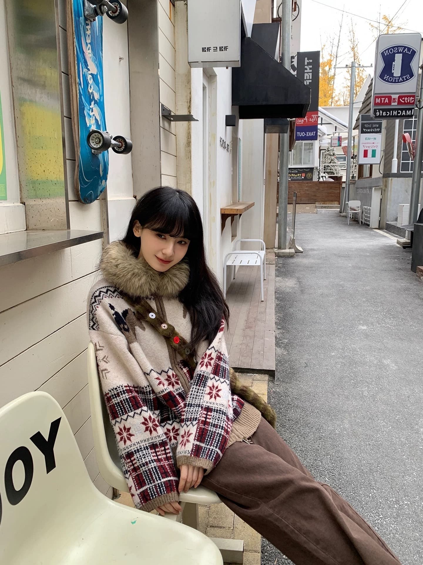 레트로 필리핀 서울 섬 자카드 패치워크 모피 칼라 배색 작은 말 패턴 루즈핏 스웨터 카디건 코트 상세 이미지 6