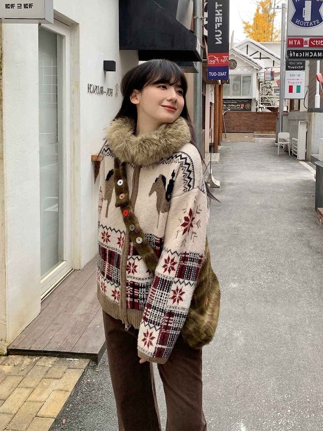 레트로 필리핀 서울 섬 자카드 패치워크 모피 칼라 배색 작은 말 패턴 루즈핏 스웨터 카디건 코트 이미지 4