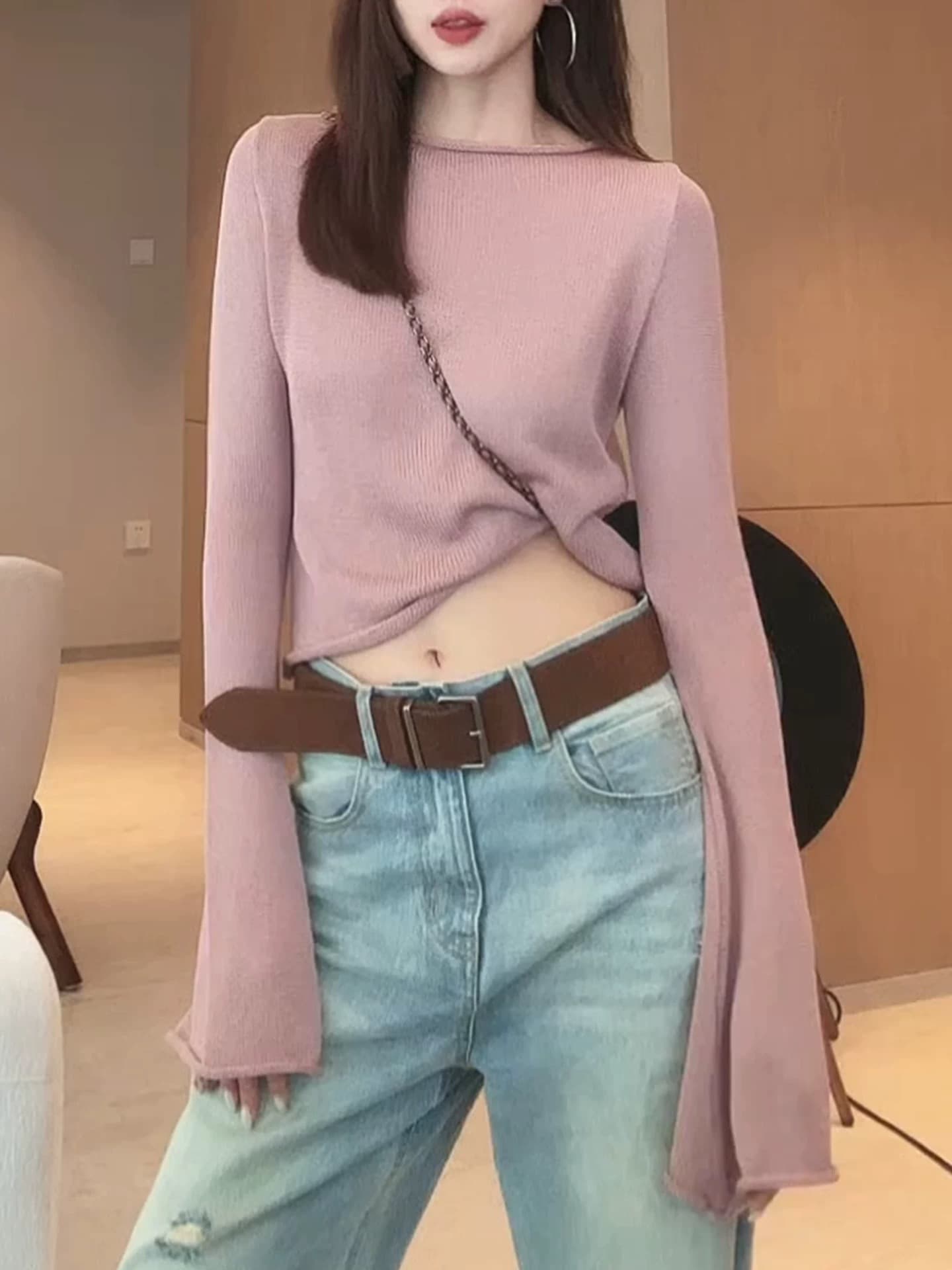 프랑스식 미니멀리즘 바람 나팔 소매 니트 스웨터 여성 이른 가을 몸매 가꾸기 슬림해 보이는 연령 감소 다용도 품격 기본 셔츠 맨위 상세 이미지 5