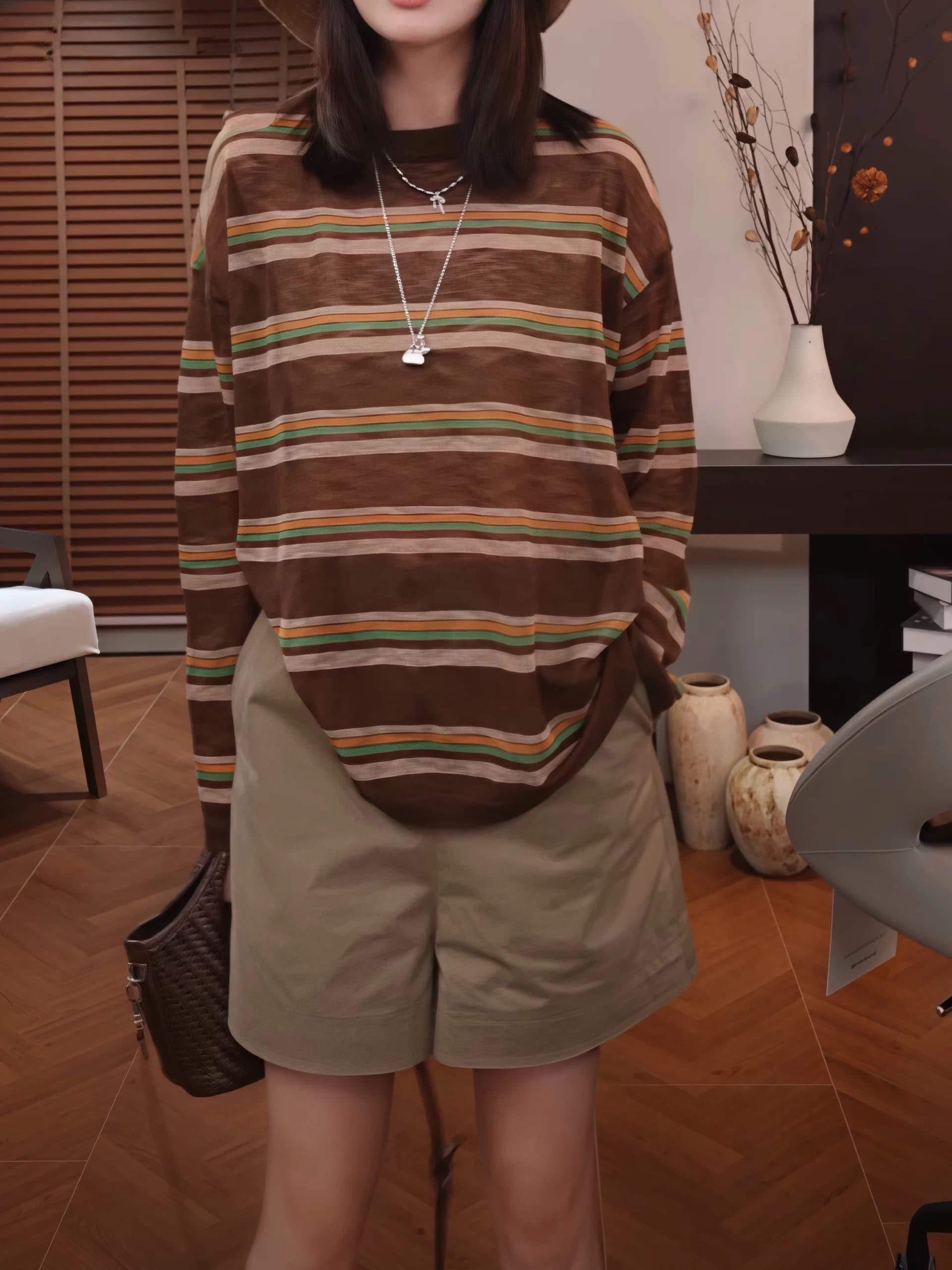 배색 대나무 마디 면 아마 스트라이프 얇은 긴팔 니트 스웨터 여성 여름 새로운 느긋한 바람 루즈핏 슬림해 보이는 자외선 차단 블라우스 이미지 2