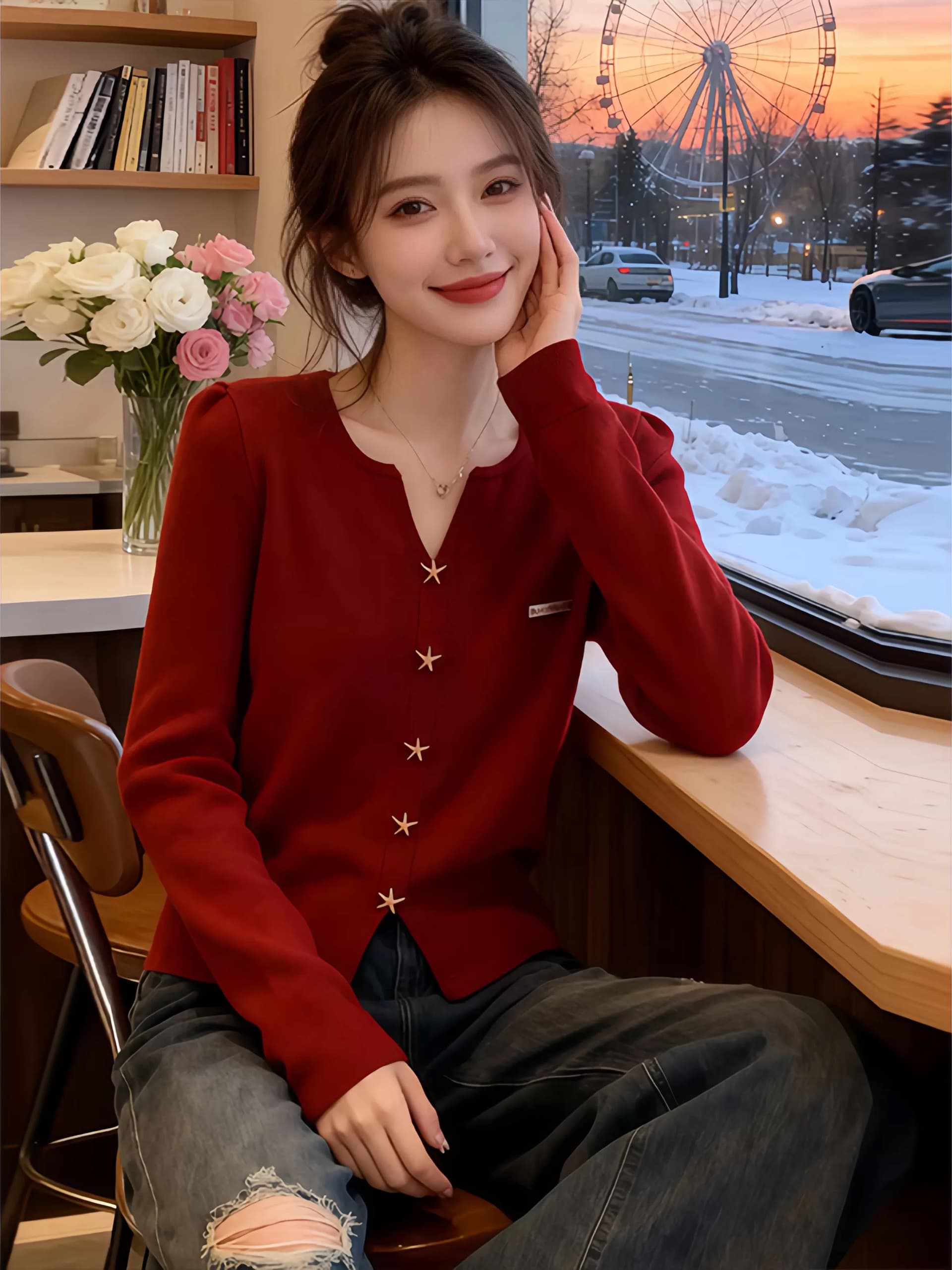 빨간색 스웨터 부드러운 찹쌀 니트 스웨터 여자 2026 이른 가을 새로운 착용 가져 가라. 품격 연령 감소 루즈핏 표지 배 맨위 상세 이미지 4