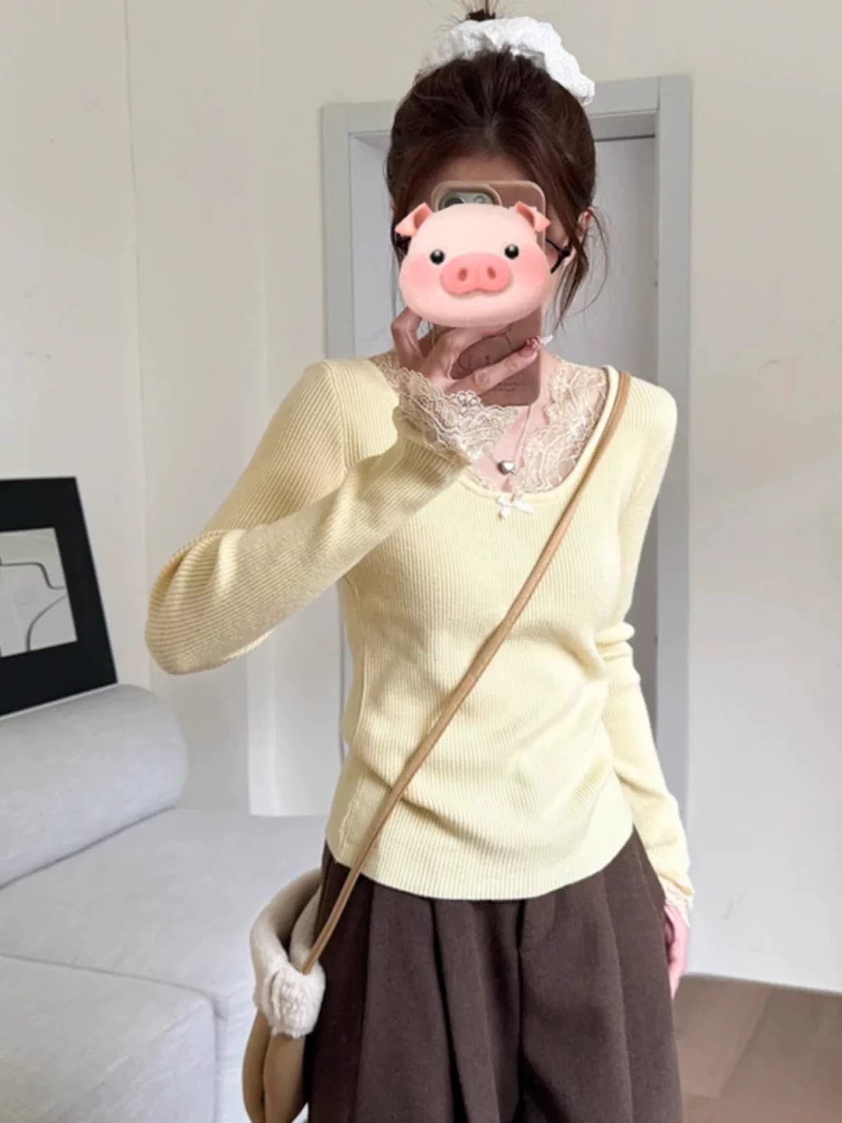 가을 겨울 프랑스식 레이스 측면 패치워크 니트 스웨터 여성 나비 매듭 몸매 가꾸기 예쁜 스웨터 외국 가스 풀오버 슬림해 보이는 맨위 이미지 3