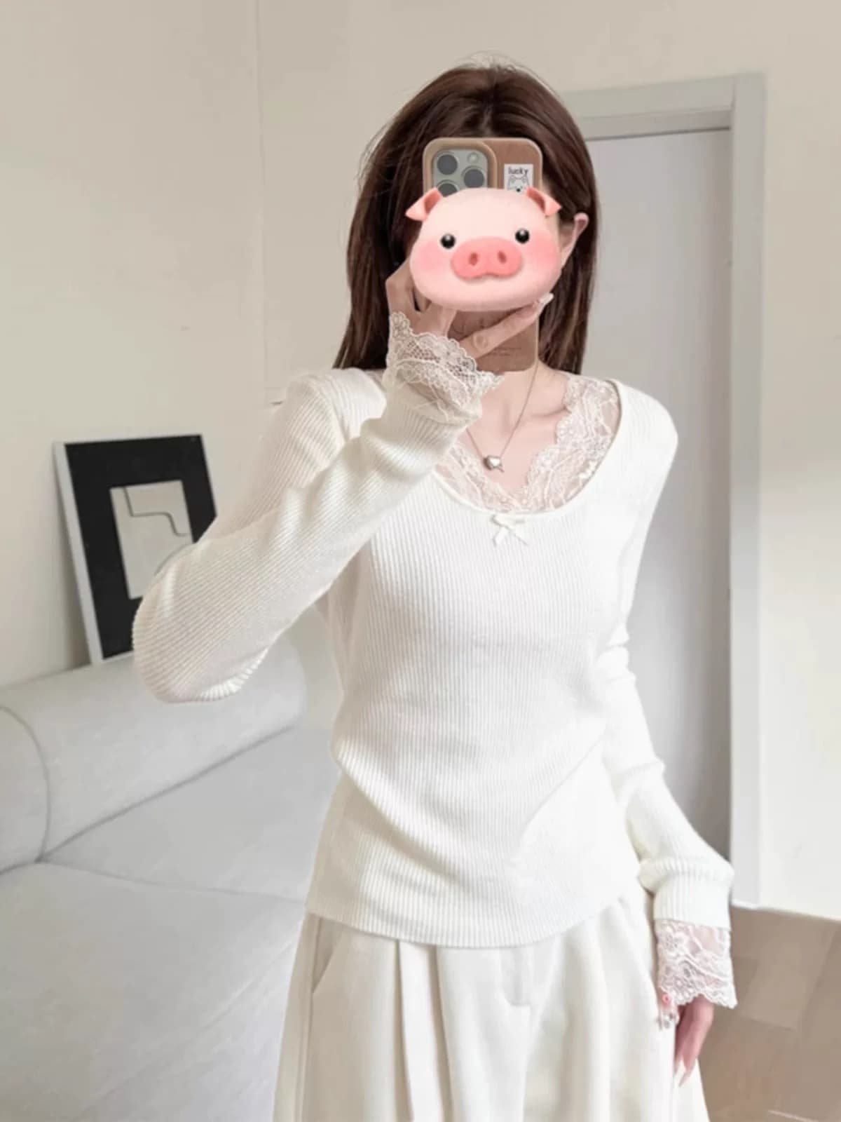가을 겨울 프랑스식 레이스 측면 패치워크 니트 스웨터 여성 나비 매듭 몸매 가꾸기 예쁜 스웨터 외국 가스 풀오버 슬림해 보이는 맨위 이미지 4