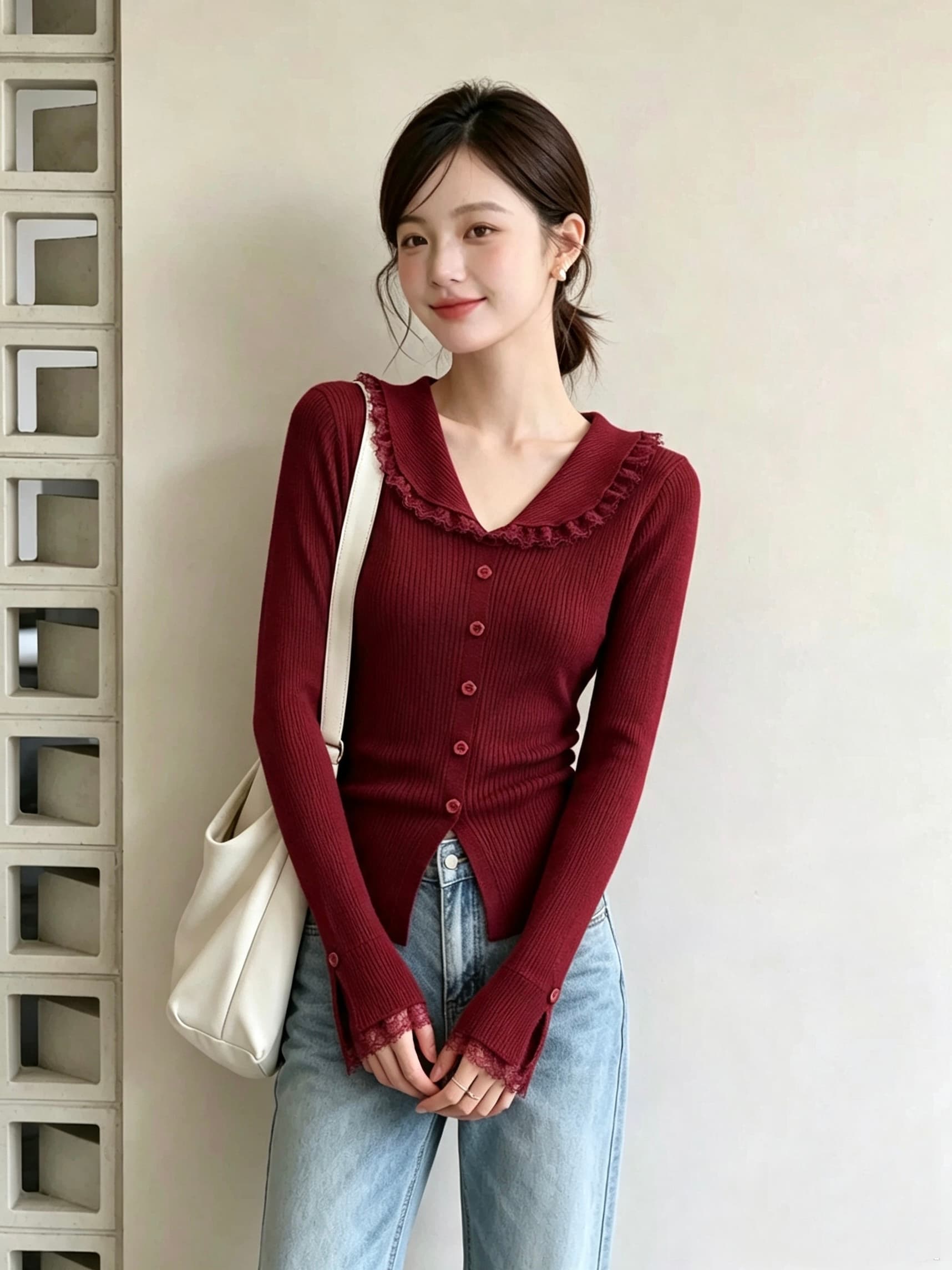 디자인 센스 레이스 레이스 긴팔 니트 스웨터 여성 겨울 새로운 몸매 가꾸기 슬림해 보이는 부드러운 찹쌀 작은 대중 아니요 명중 섹션 맨위 이미지 2