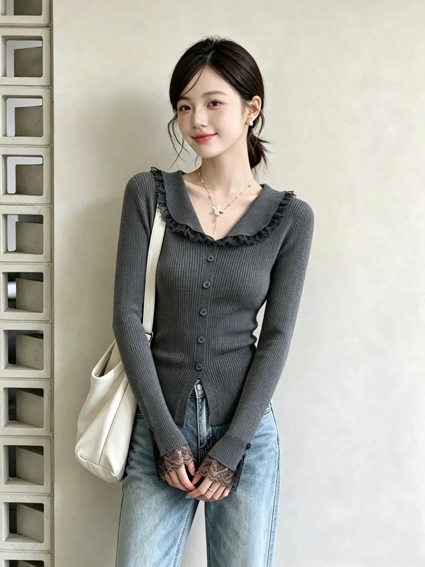 디자인 센스 레이스 레이스 긴팔 니트 스웨터 여성 겨울 새로운 몸매 가꾸기 슬림해 보이는 부드러운 찹쌀 작은 대중 아니요 명중 섹션 맨위 상세 이미지 5